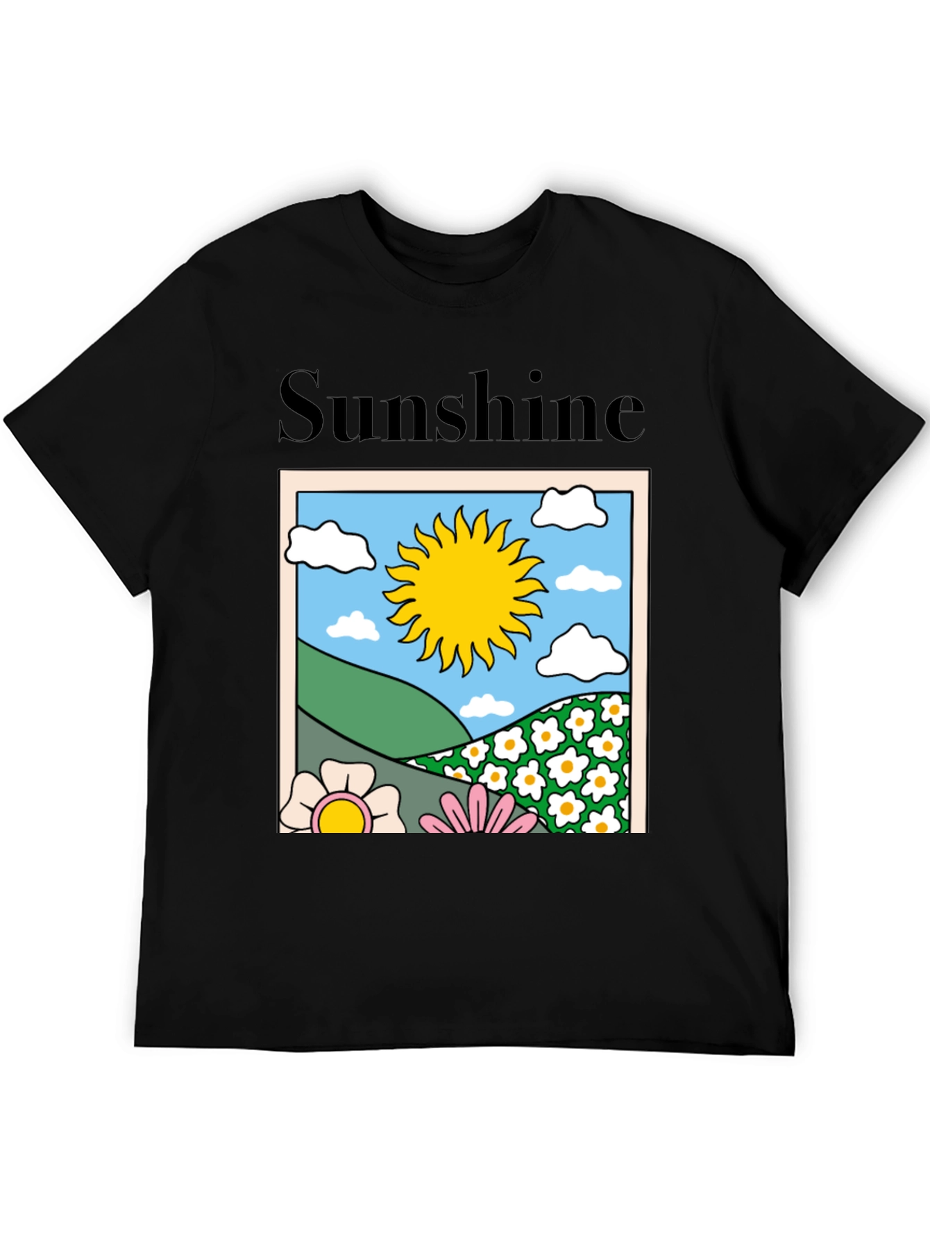 Sunshine Graphic Tee - Retro Flower Power Black T-Shirt