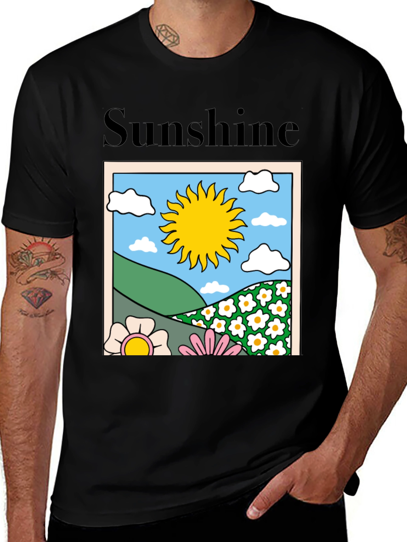 Sunshine Graphic Tee - Retro Flower Power Black T-Shirt