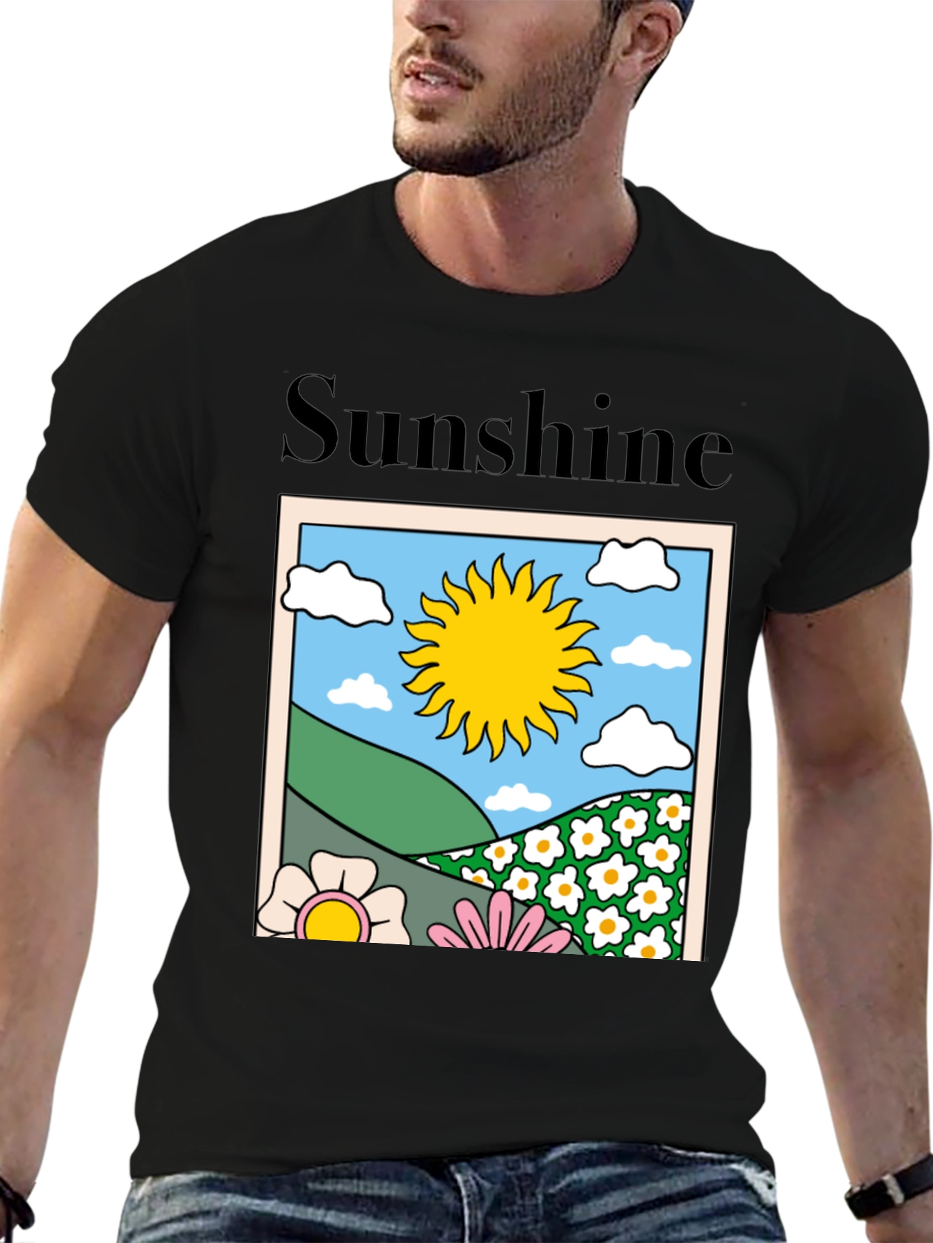 Sunshine Graphic Tee - Retro Flower Power Black T-Shirt