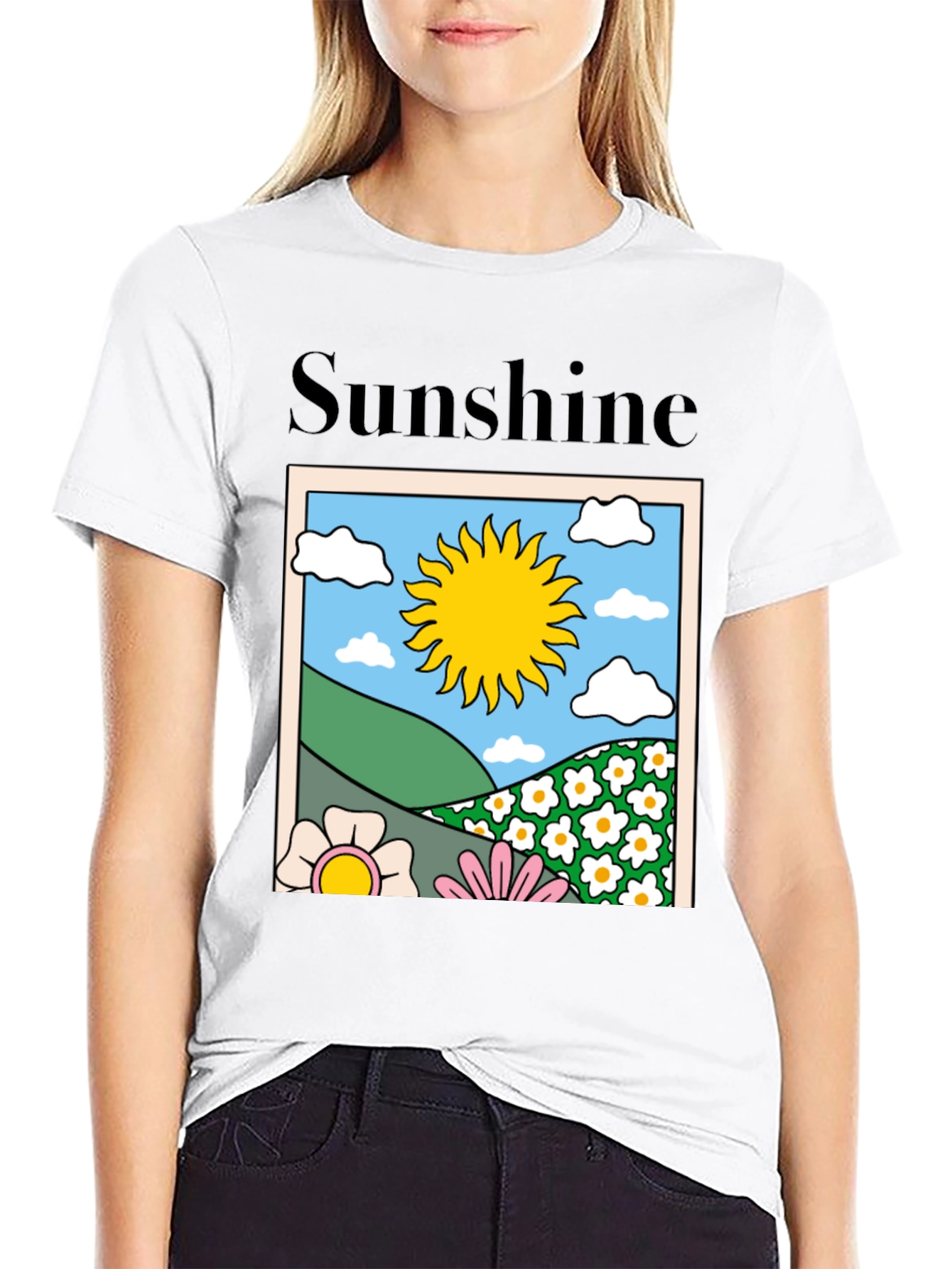 Sunshine Graphic Tee - Retro Flower Power Black T-Shirt