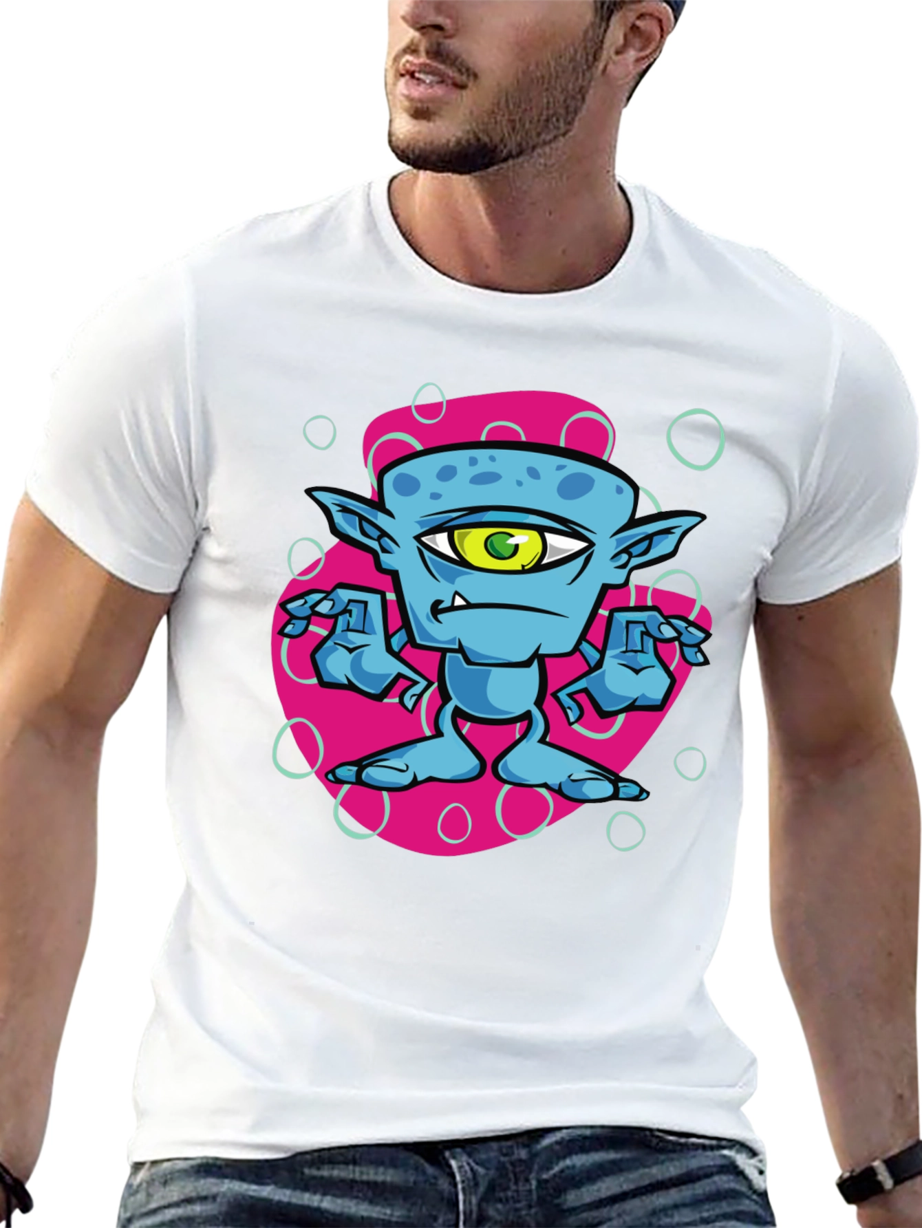One-Eyed Alien Cartoon Graphic Tee - Black