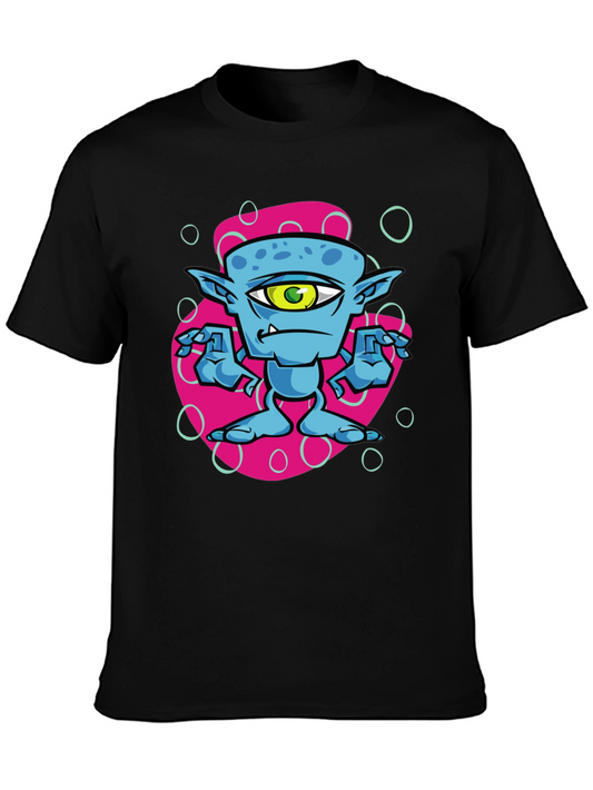 One-Eyed Alien Cartoon Graphic Tee - Black