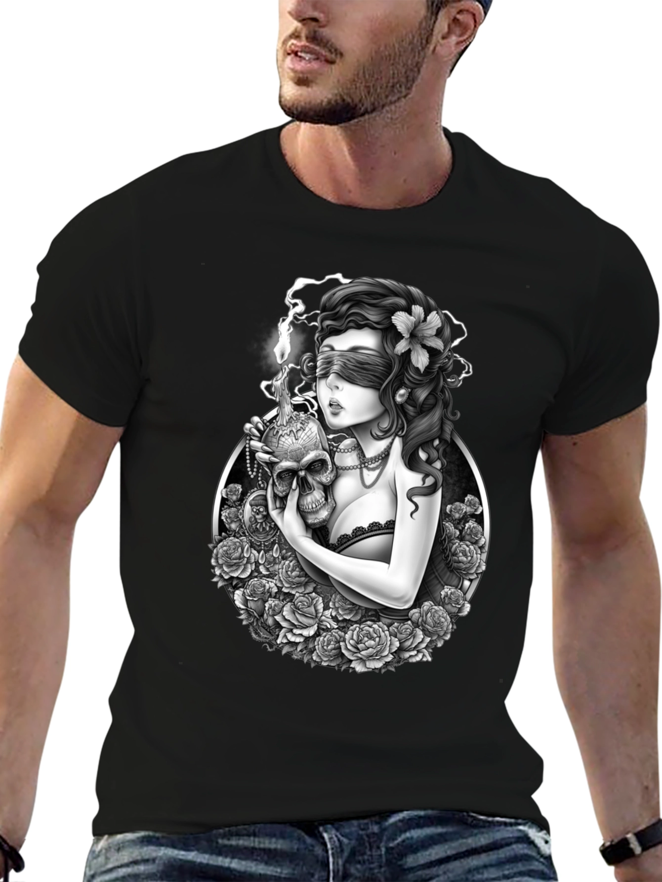 Gothic Blinded Maiden Skull Graphic Tee