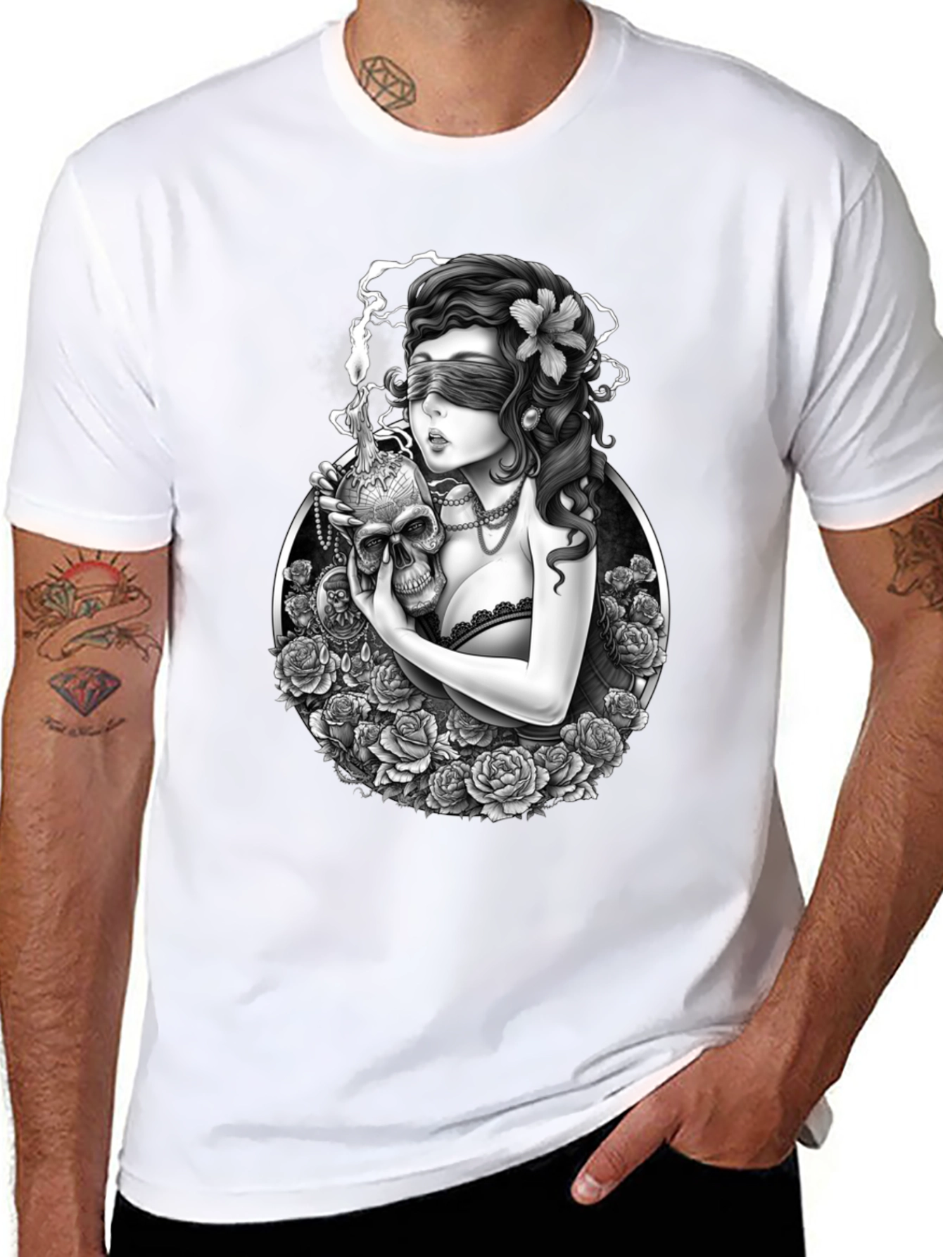 Gothic Blinded Maiden Skull Graphic Tee