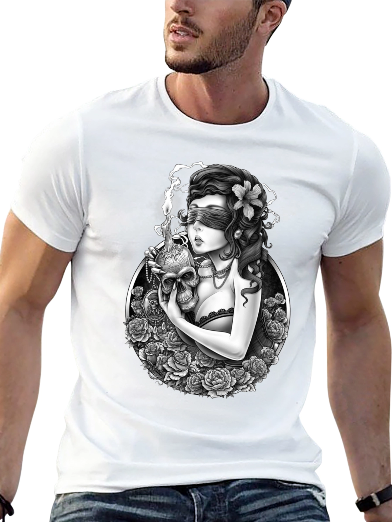Gothic Blinded Maiden Skull Graphic Tee