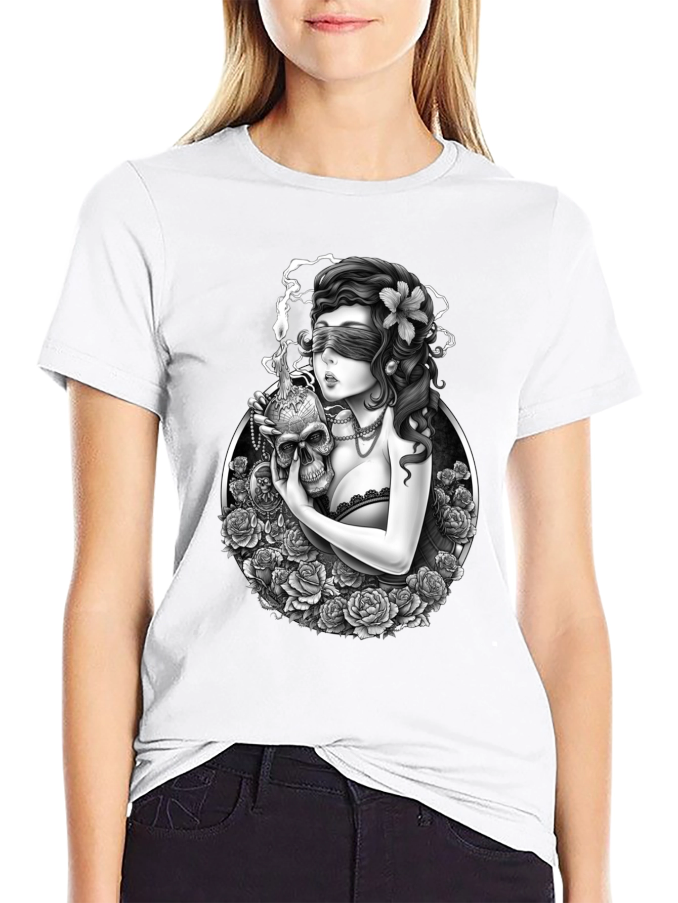 Gothic Blinded Maiden Skull Graphic Tee
