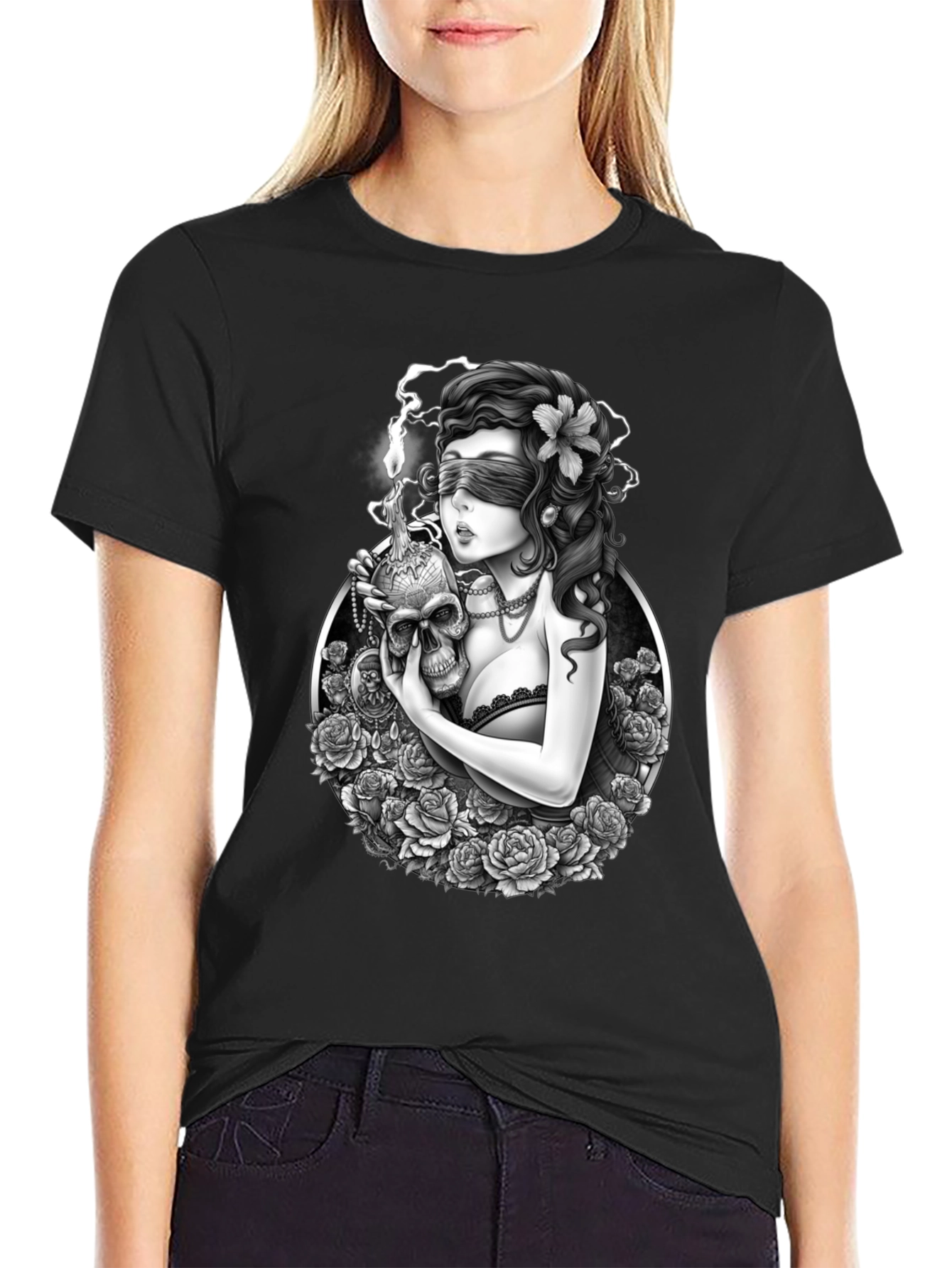 Gothic Blinded Maiden Skull Graphic Tee