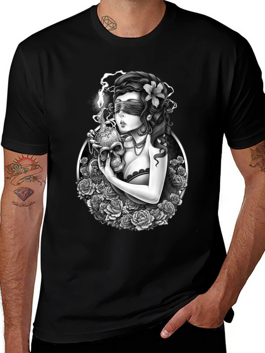 Gothic Blinded Maiden Skull Graphic Tee
