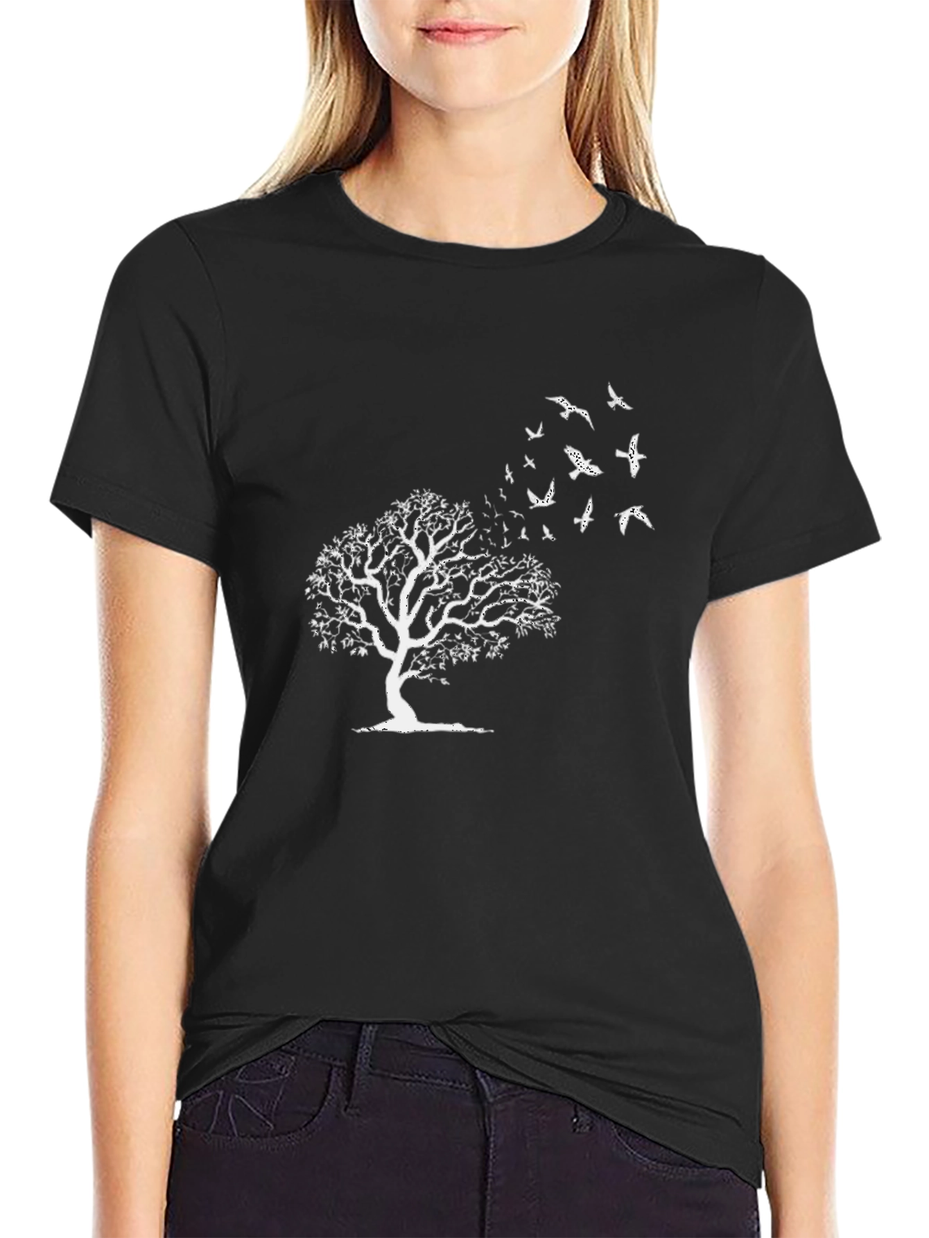 Tree & Birds Graphic Black Tee