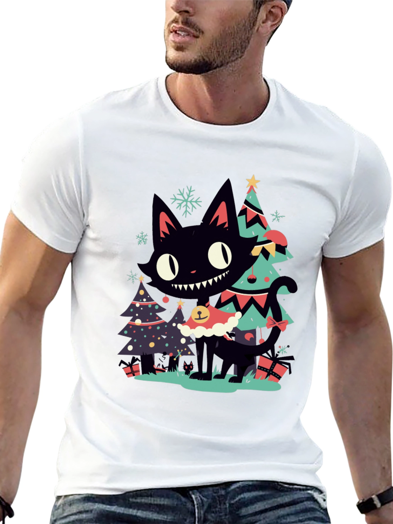 Festive Black Cat Christmas T-Shirt