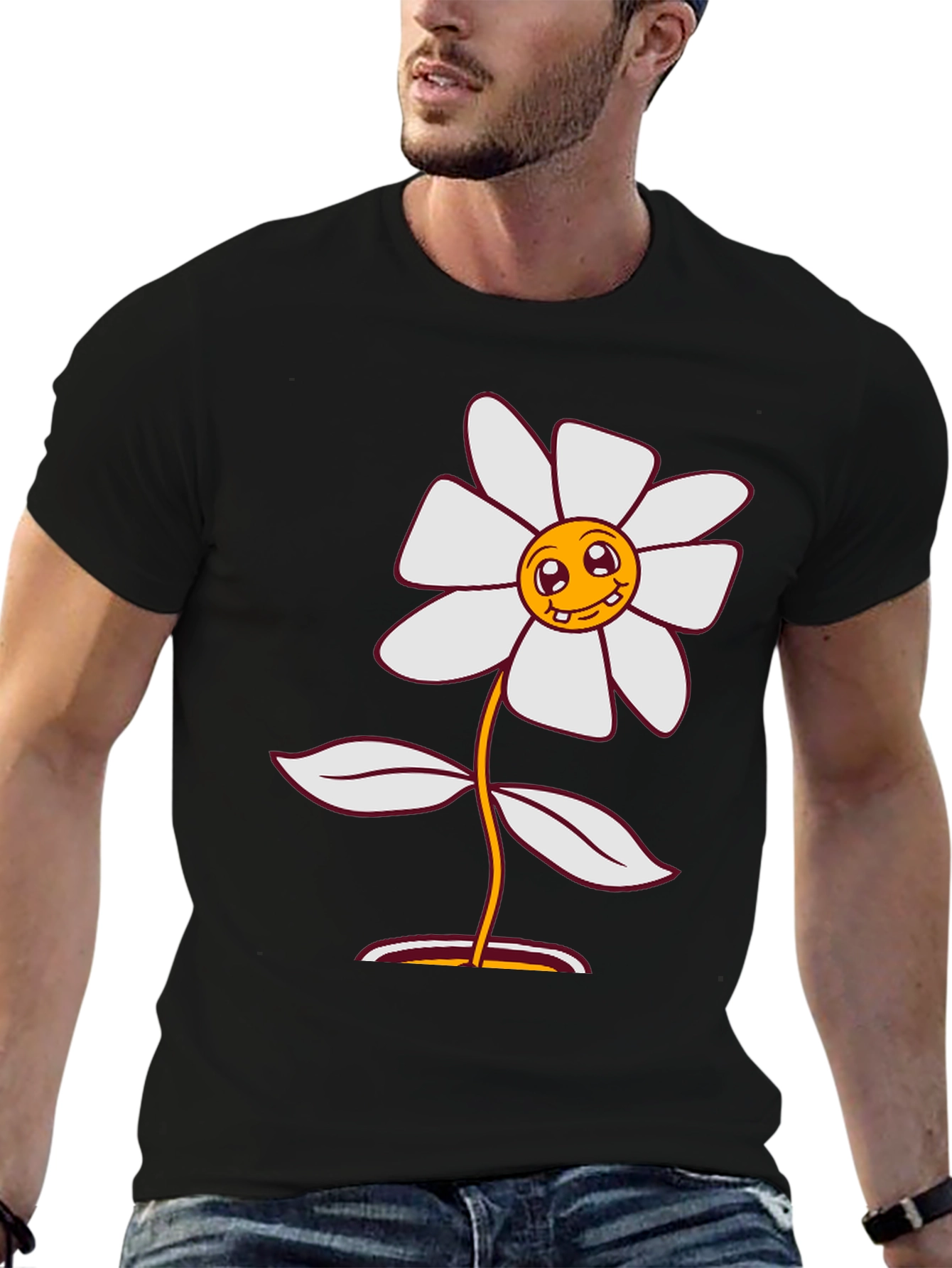 Smiley Flower Graphic Tee - Black Cotton Blend