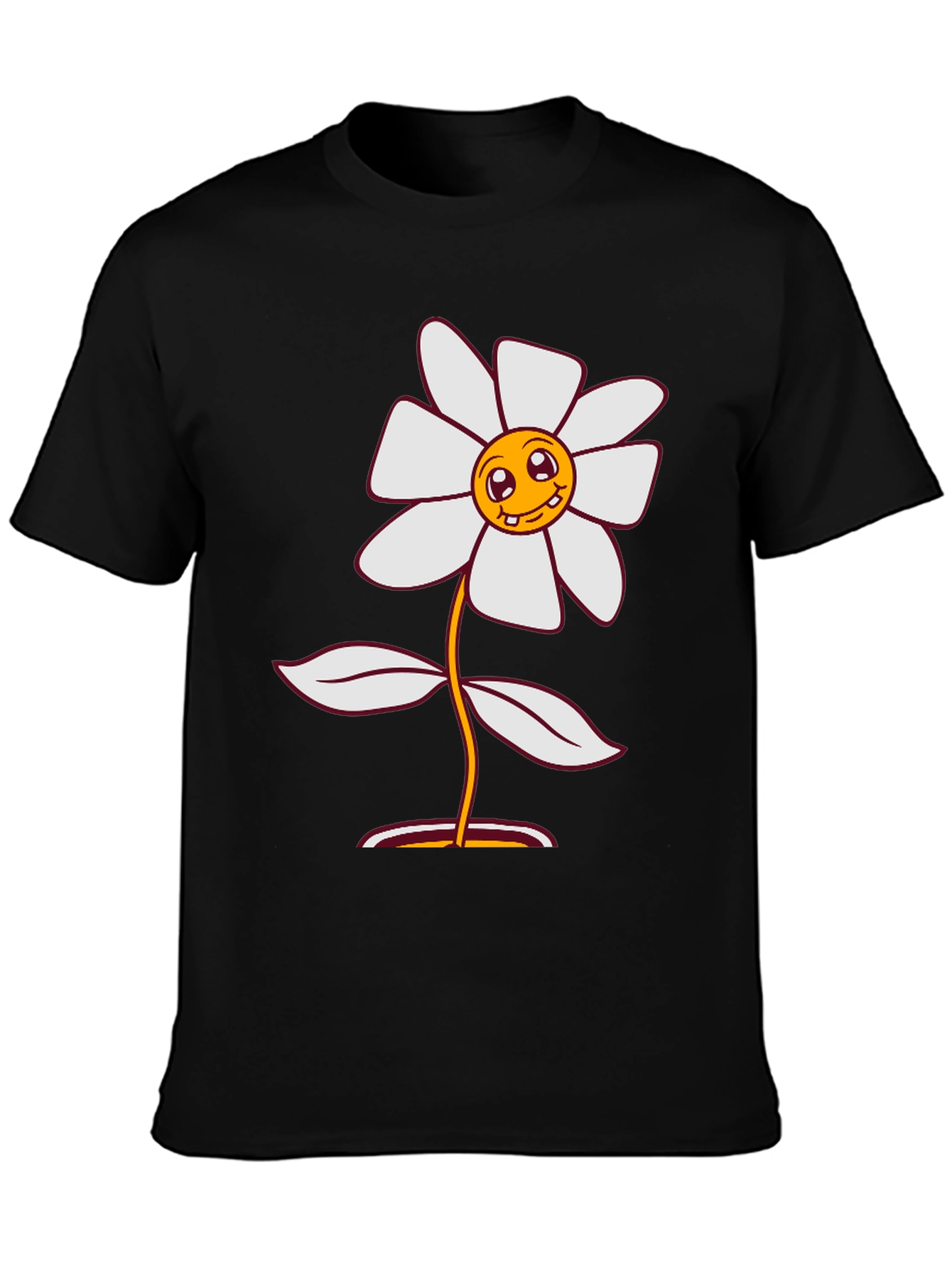 Smiley Flower Graphic Tee - Black Cotton Blend