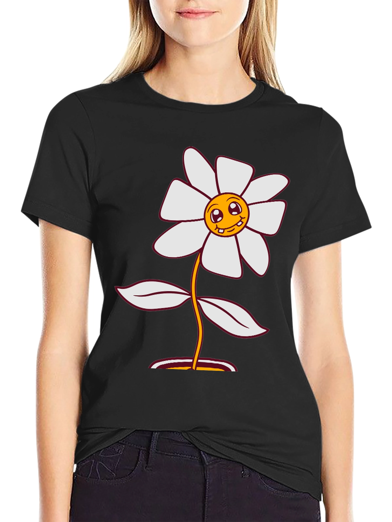 Smiley Flower Graphic Tee - Black Cotton Blend