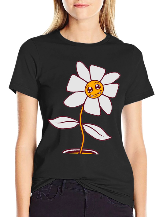Smiley Flower Graphic Tee - Black Cotton Blend