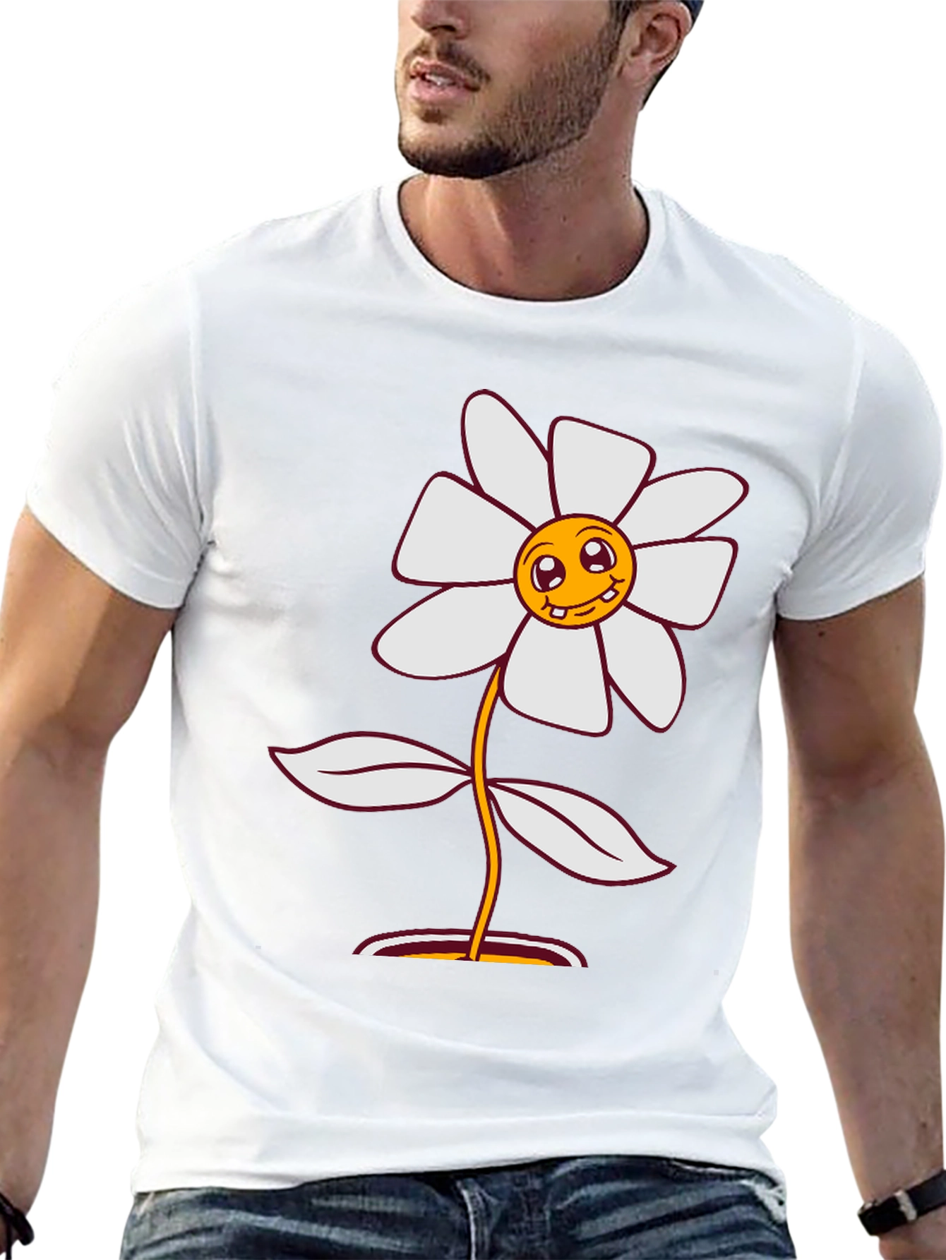 Smiley Flower Graphic Tee - Black Cotton Blend