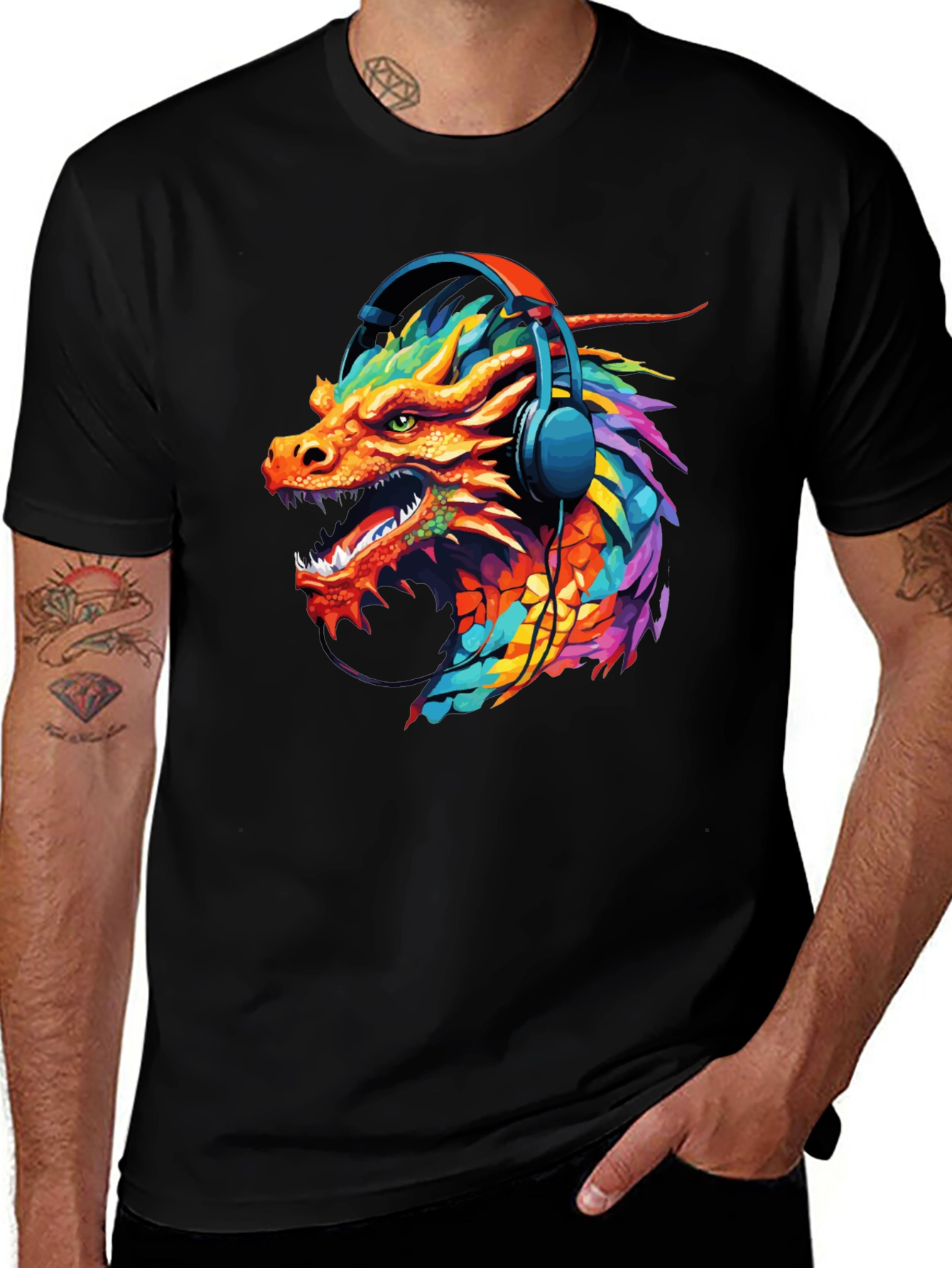 Dragon Headphone Graphic Black T-Shirt