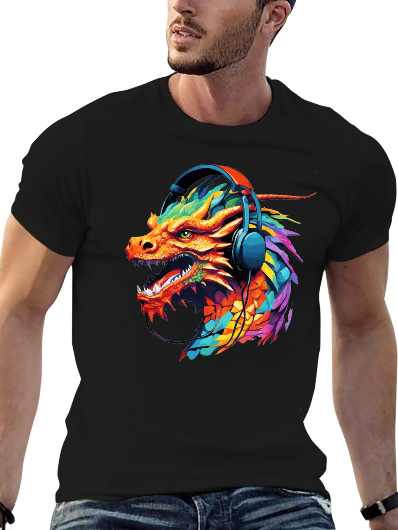 Dragon Headphone Graphic Black T-Shirt