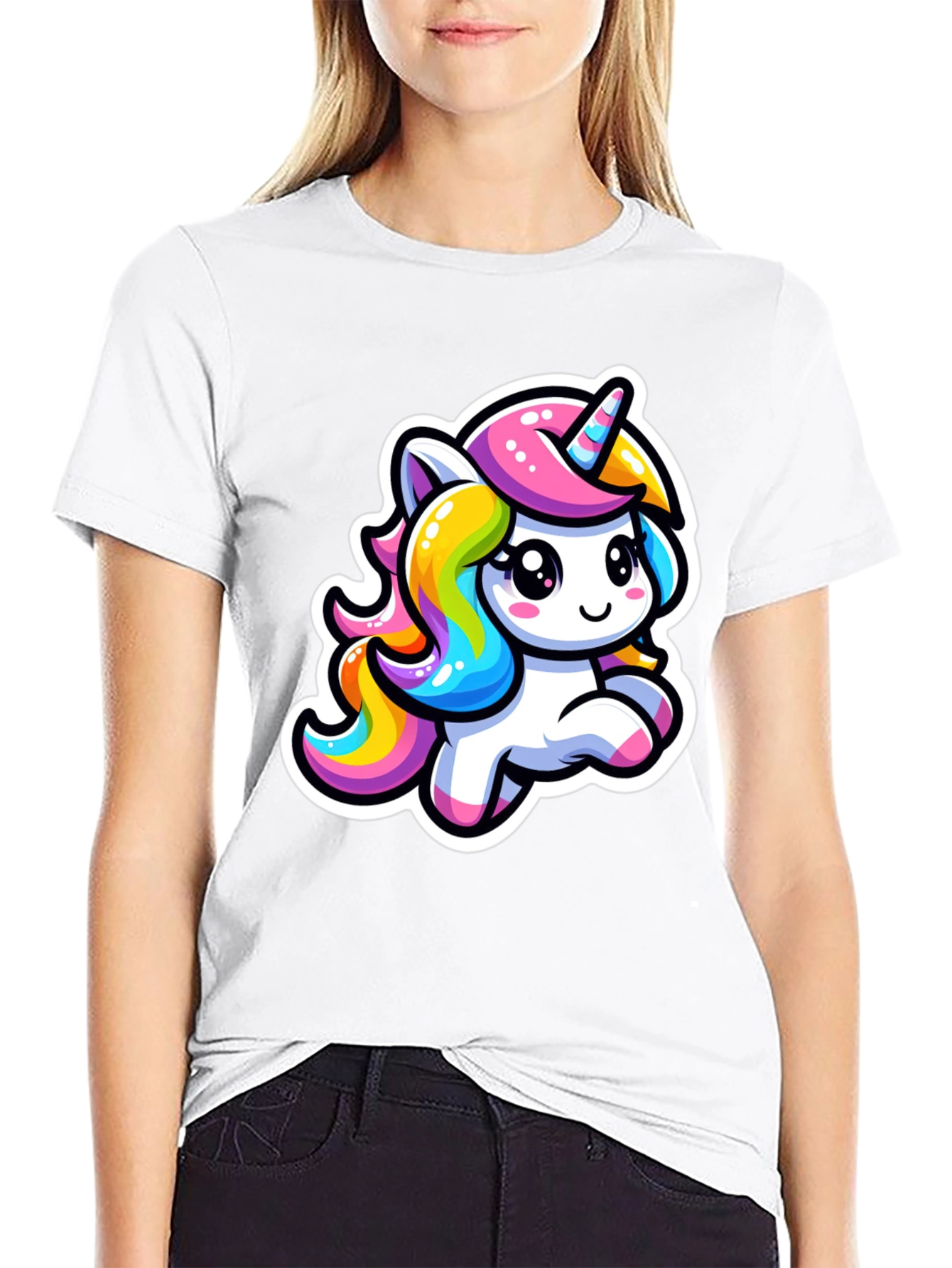 Cute Cartoon Unicorn Black T-Shirt