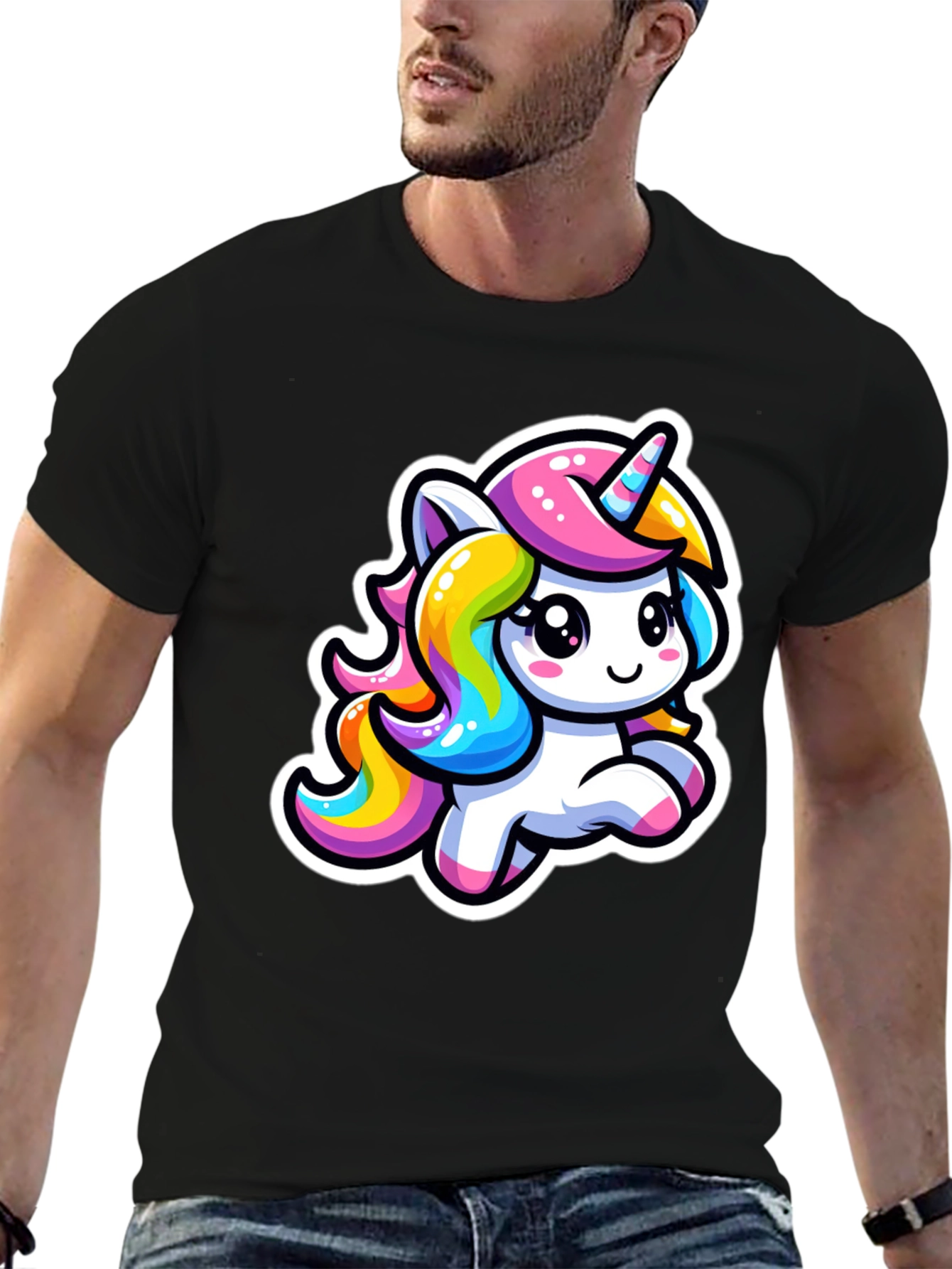 Cute Cartoon Unicorn Black T-Shirt