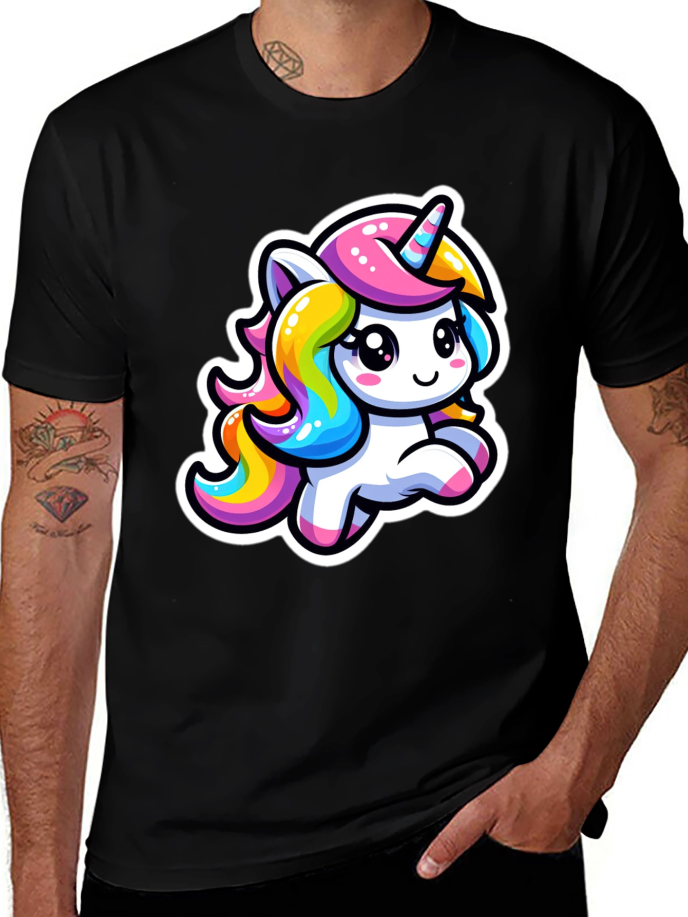 Cute Cartoon Unicorn Black T-Shirt
