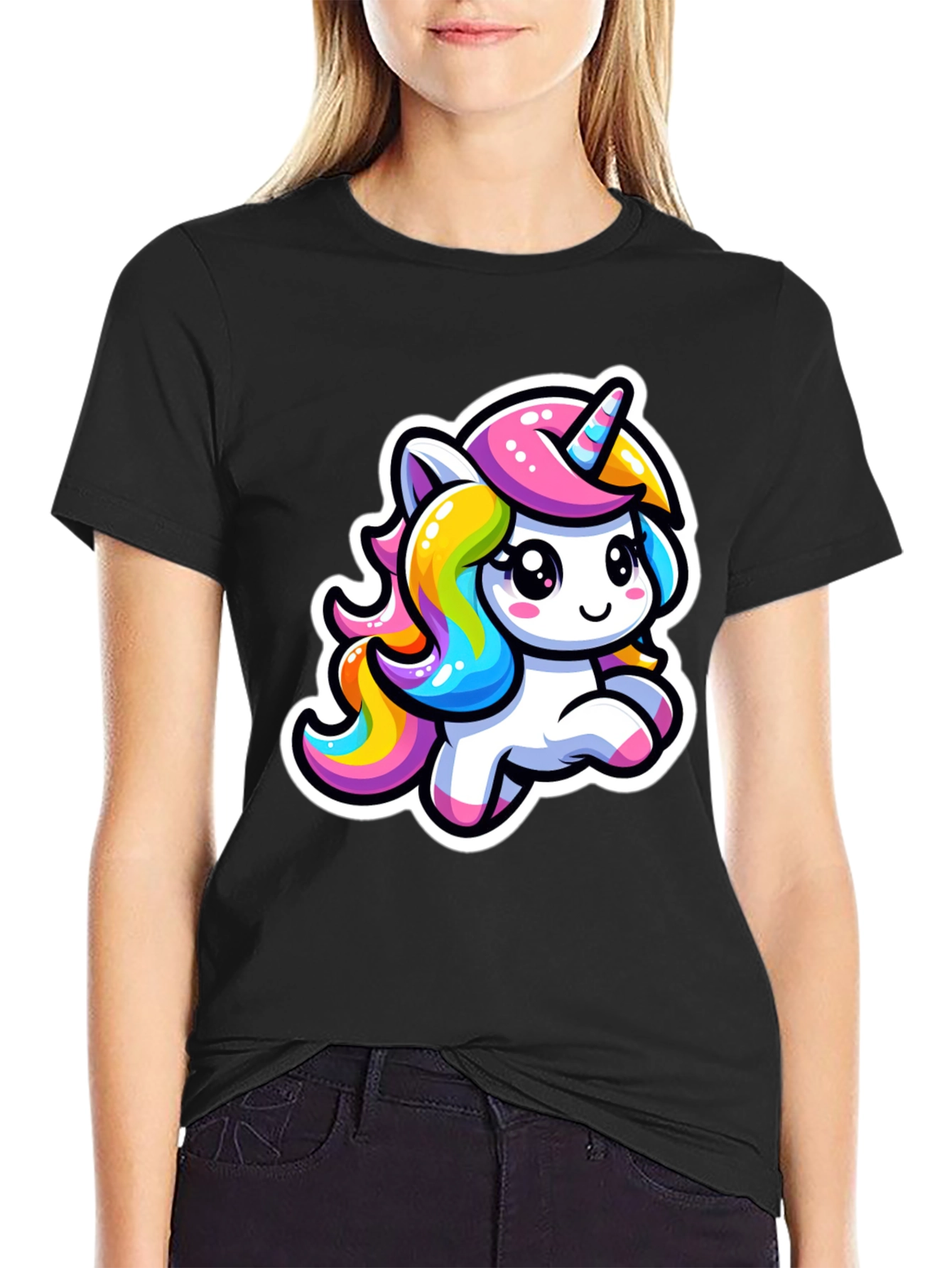 Cute Cartoon Unicorn Black T-Shirt