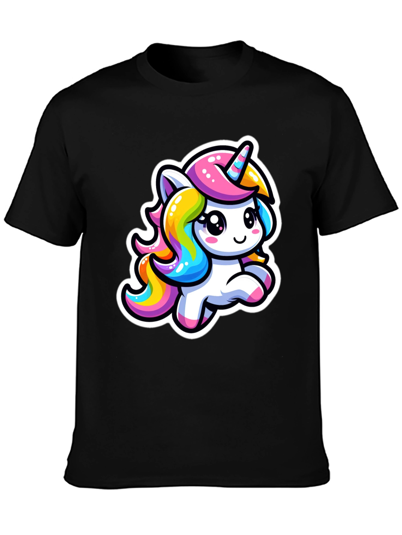 Cute Cartoon Unicorn Black T-Shirt