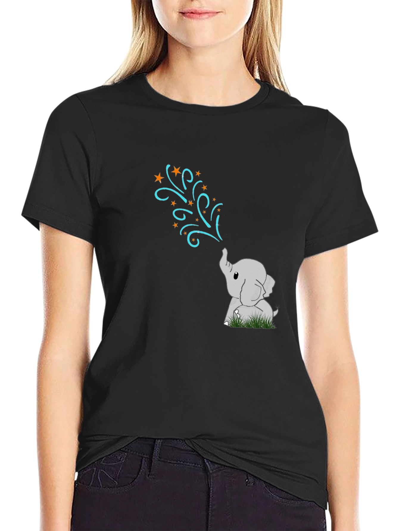 Cute Elephant Stars Black T-Shirt