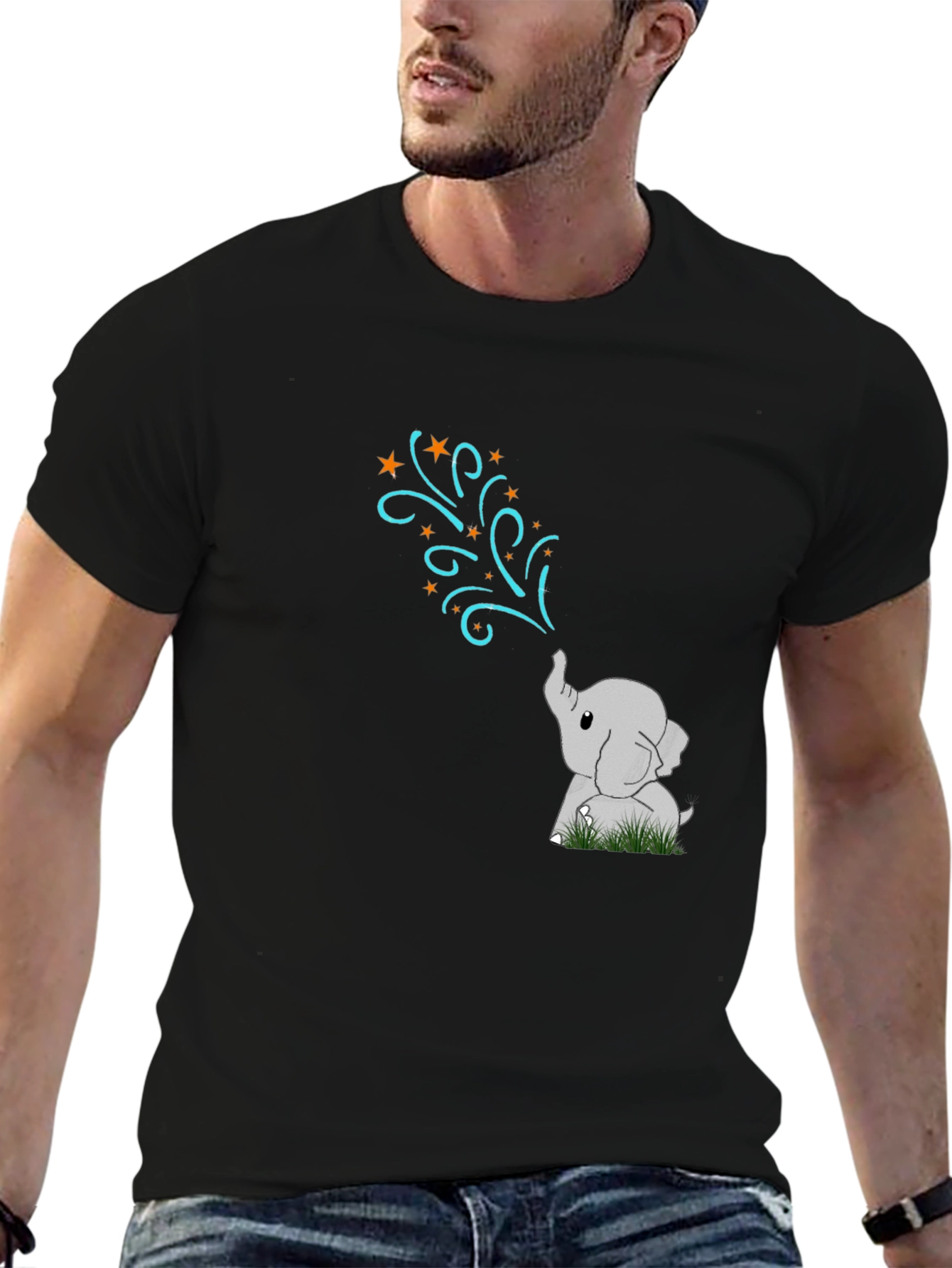 Cute Elephant Stars Black T-Shirt