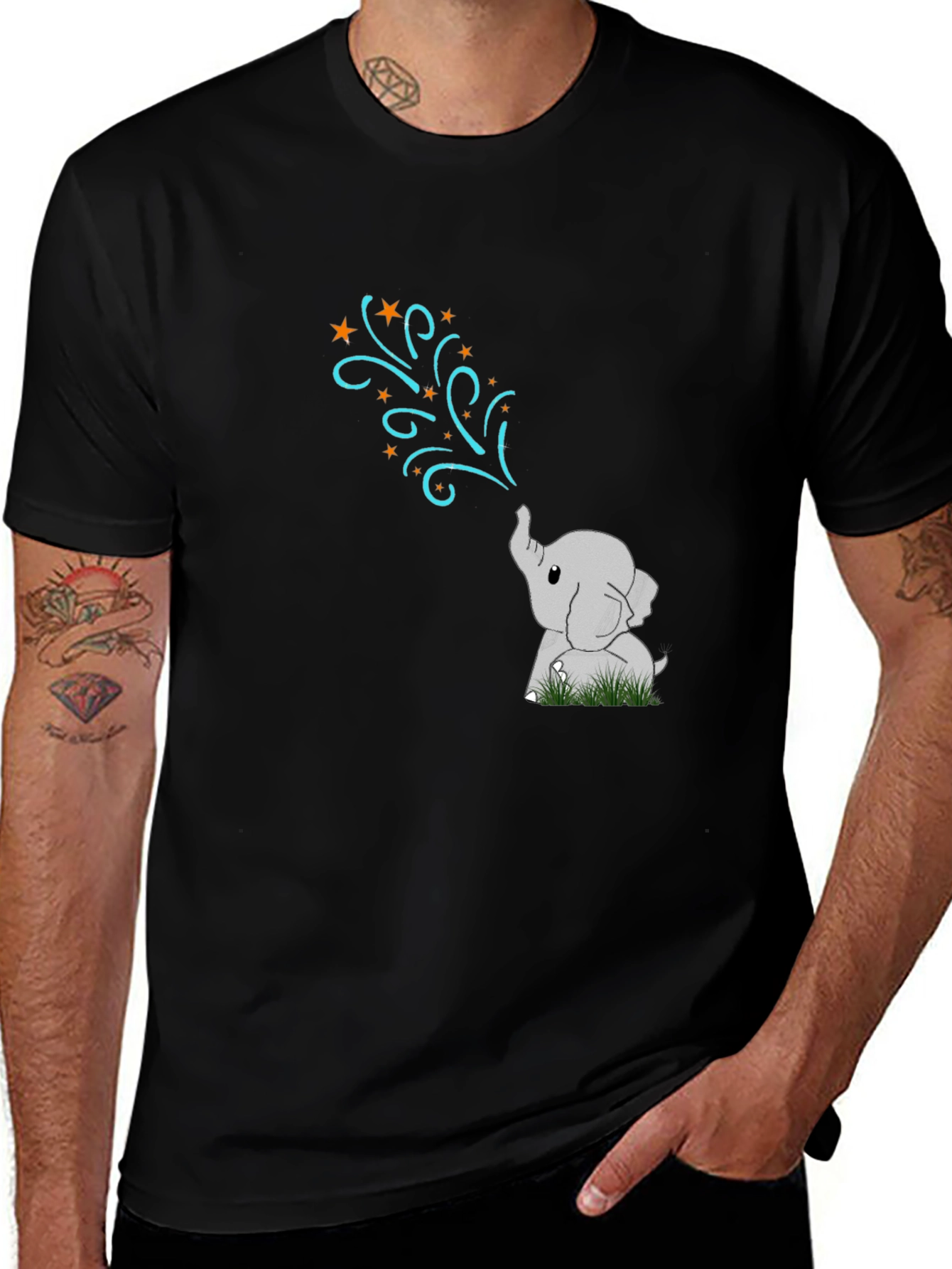 Cute Elephant Stars Black T-Shirt