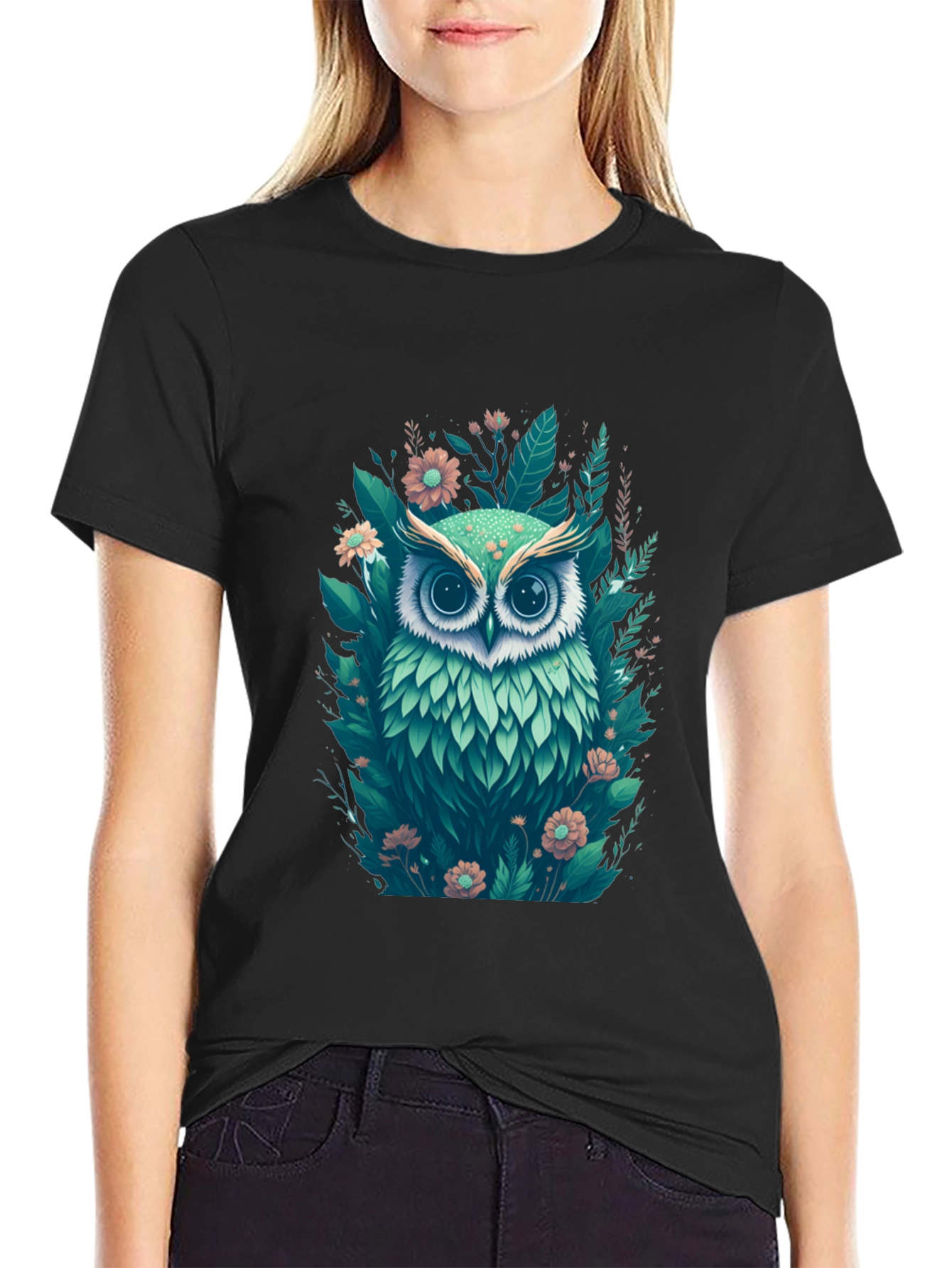 Mens Black Owl & Floral Graphic Tee