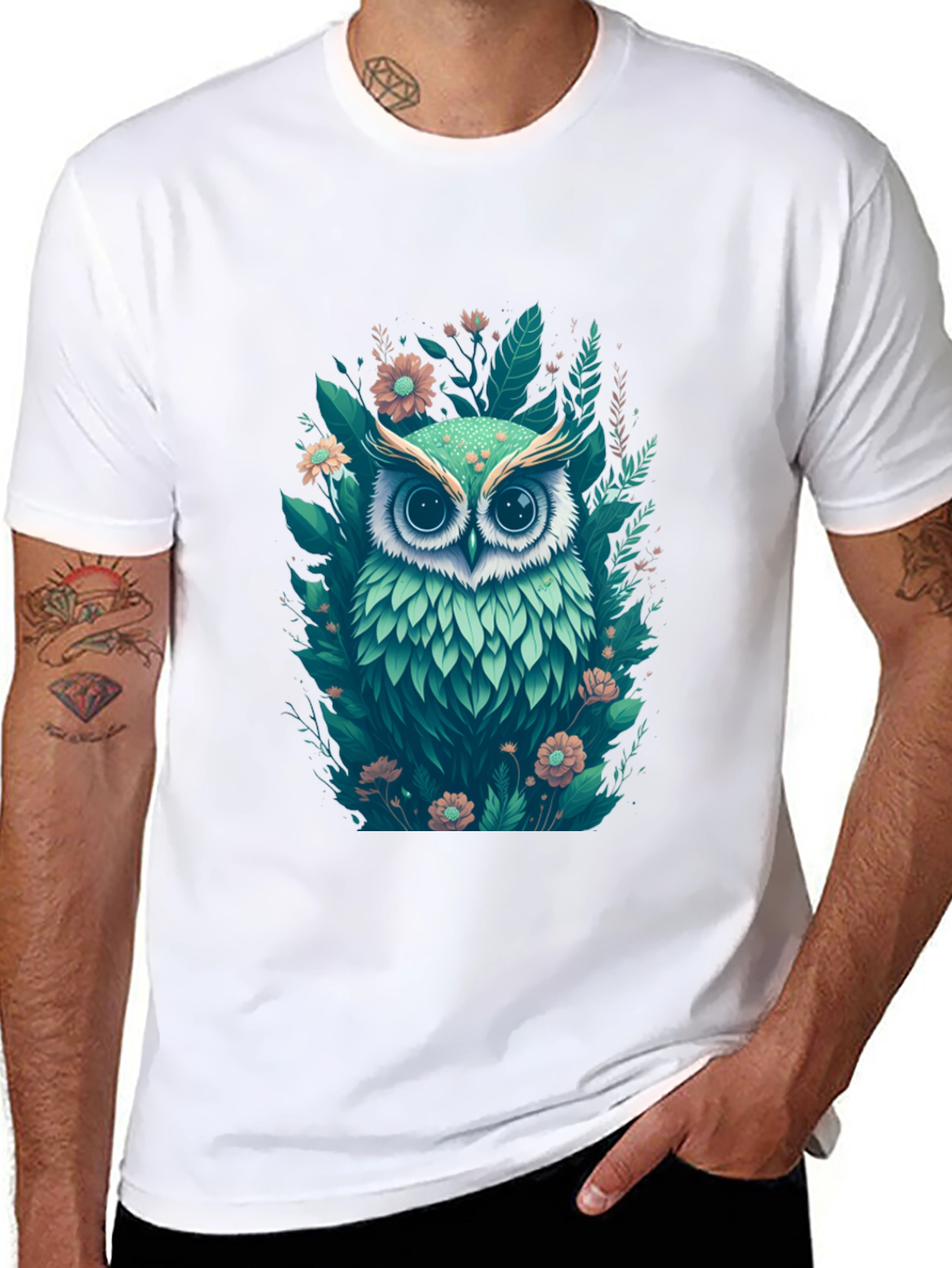 Mens Black Owl & Floral Graphic Tee