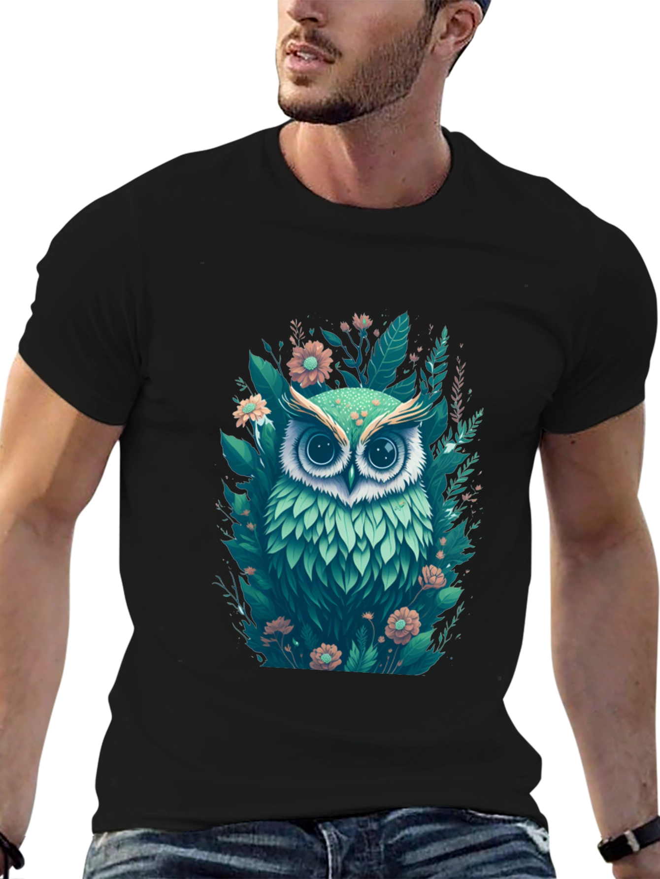 Mens Black Owl & Floral Graphic Tee