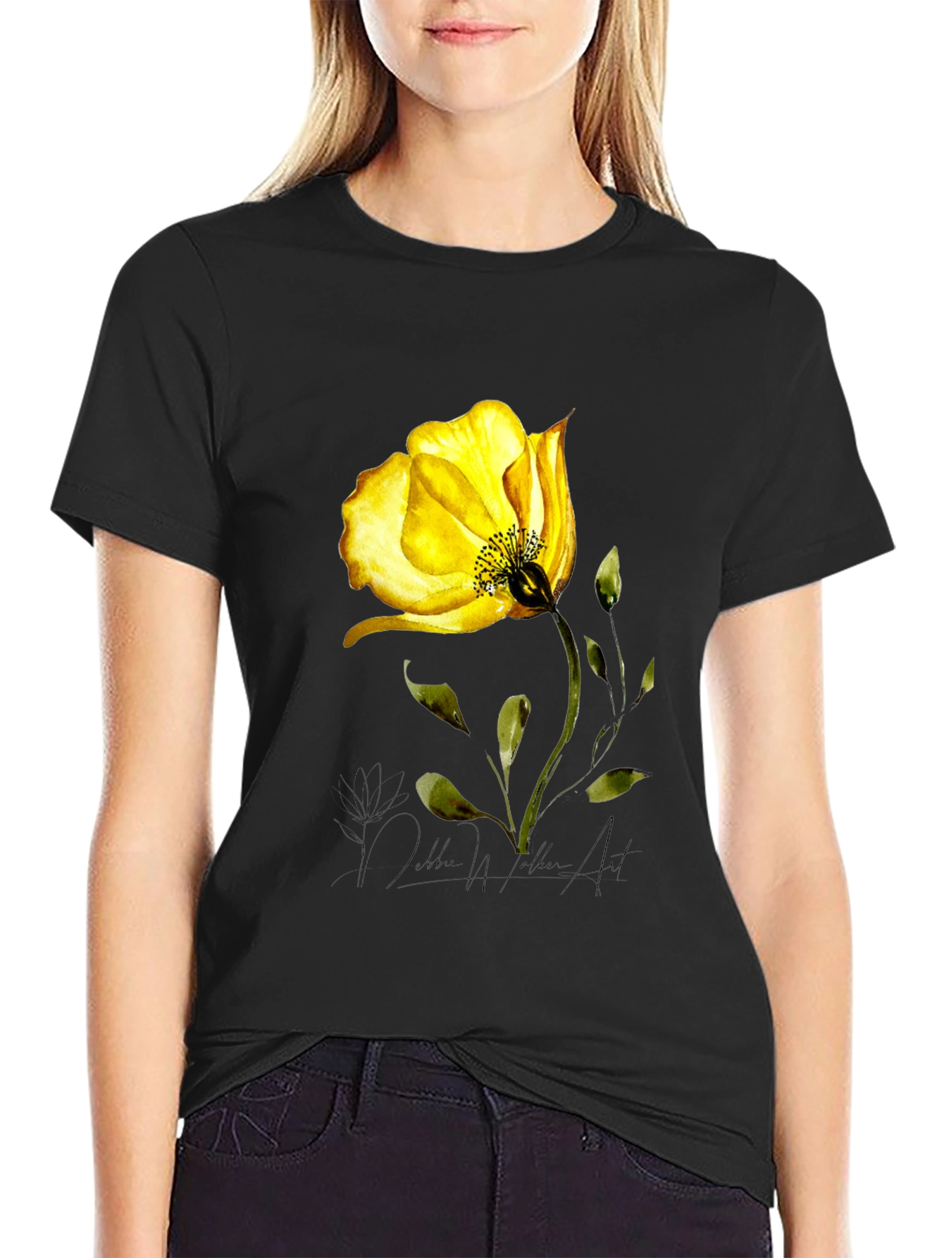 Yellow Flower Graphic Black T-Shirt