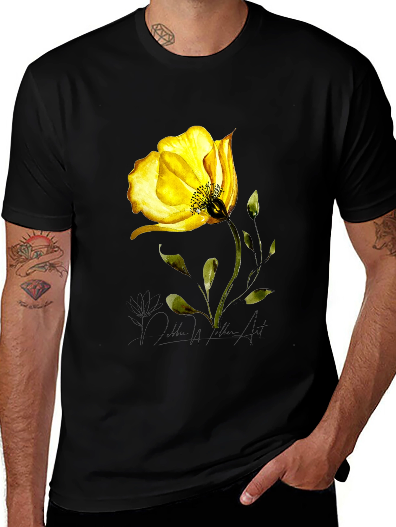 Yellow Flower Graphic Black T-Shirt