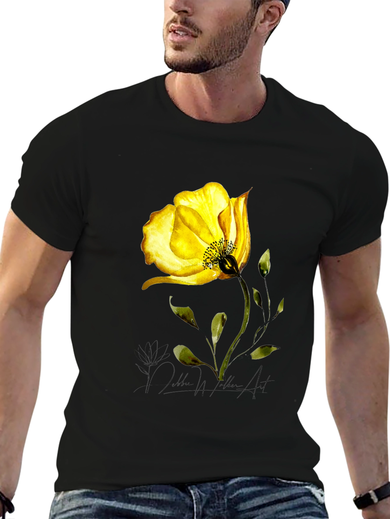 Yellow Flower Graphic Black T-Shirt