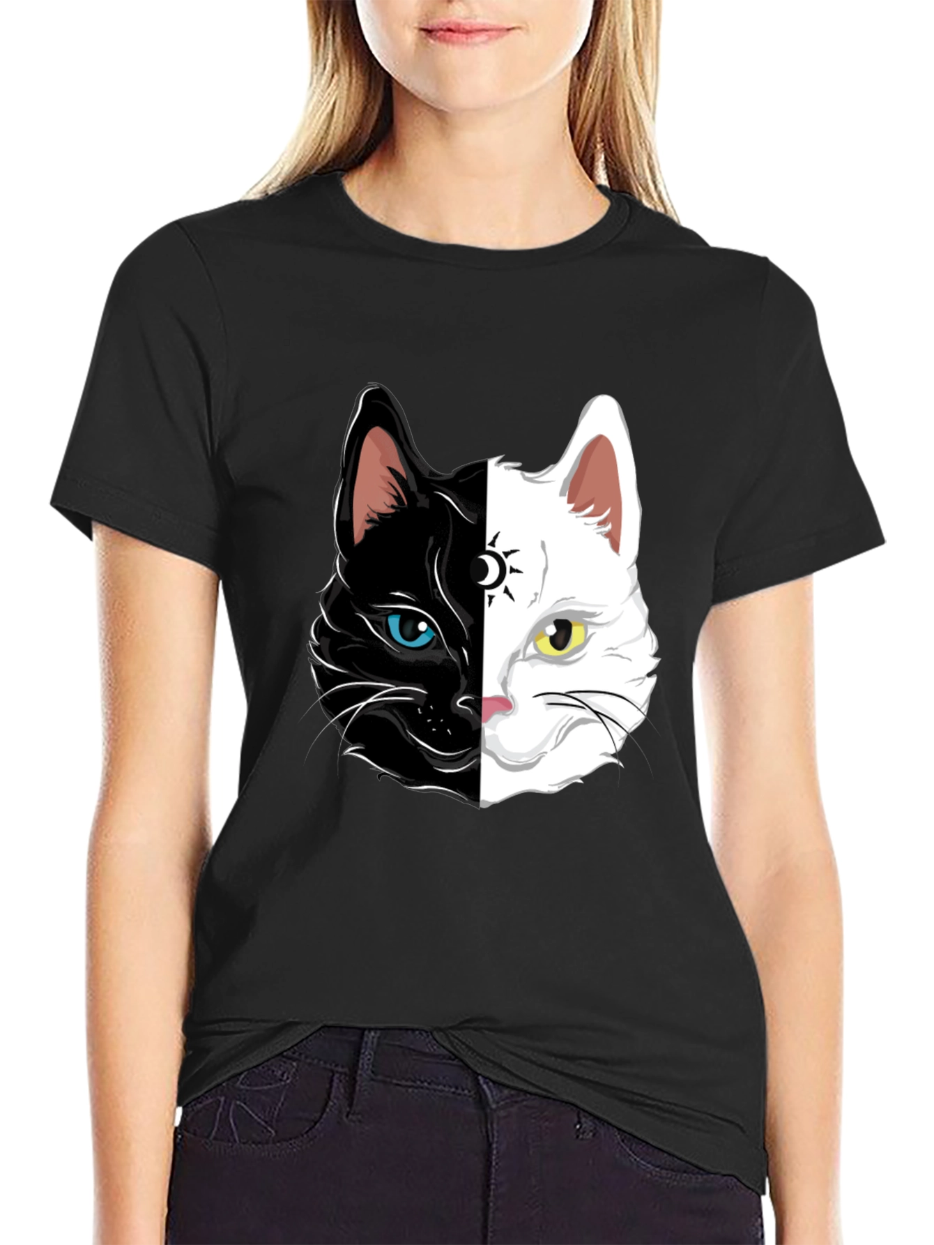 Yin Yang Cat Graphic Tee - Black Cotton Shirt
