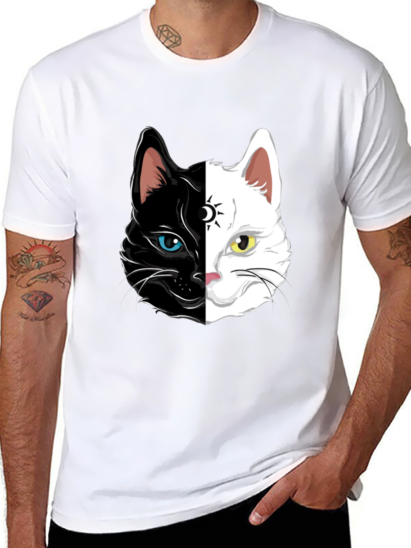 Yin Yang Cat Graphic Tee - Black Cotton Shirt