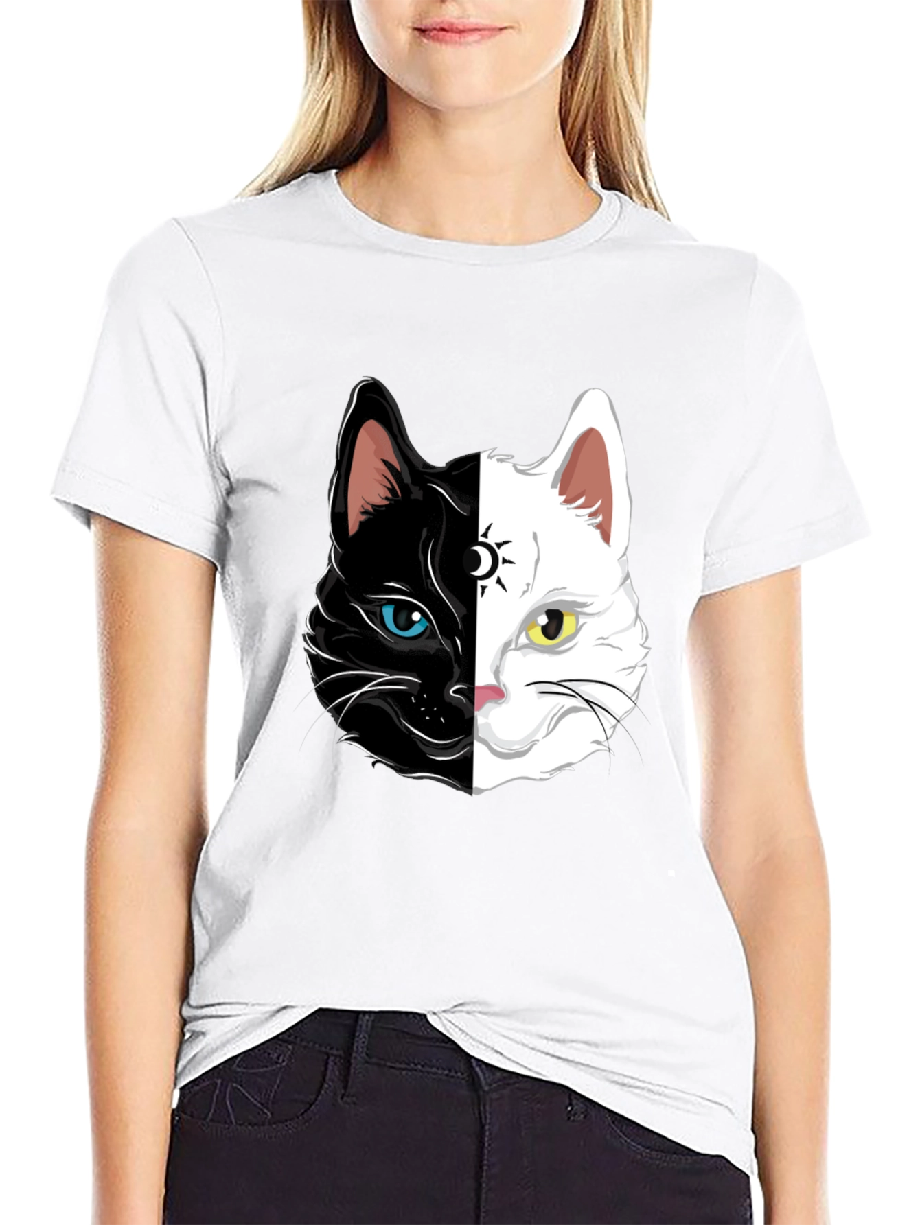 Yin Yang Cat Graphic Tee - Black Cotton Shirt