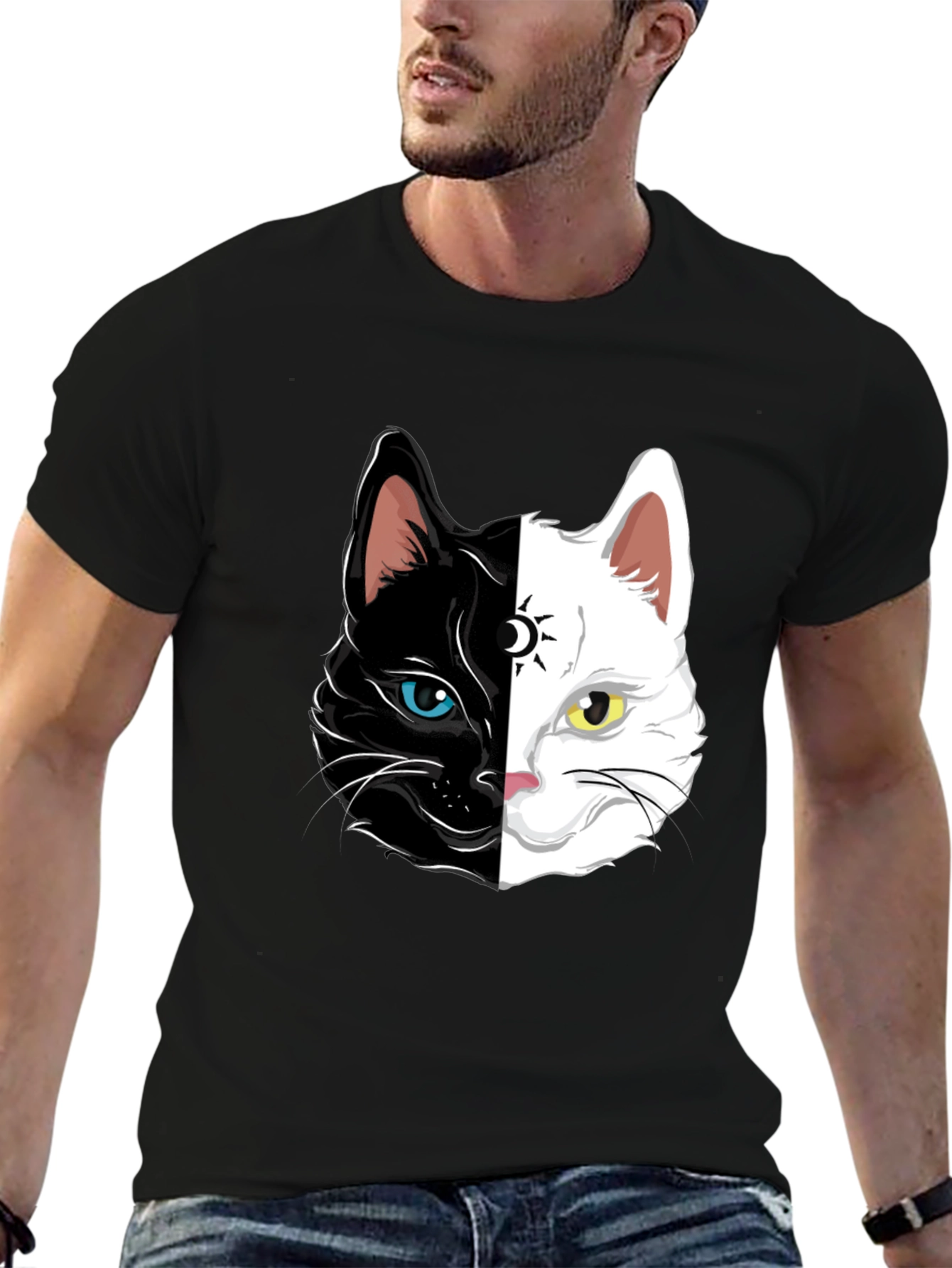 Yin Yang Cat Graphic Tee - Black Cotton Shirt