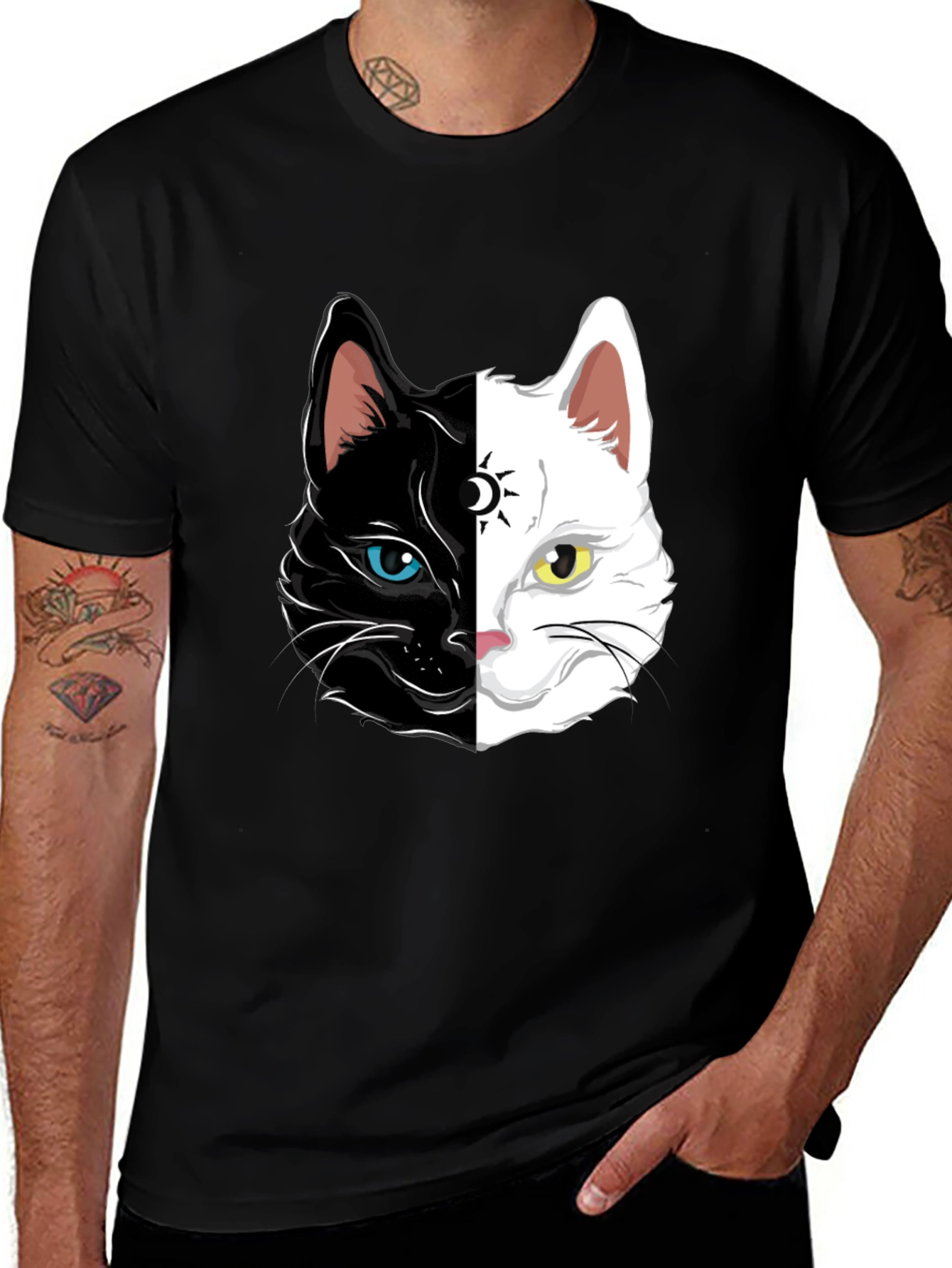 Yin Yang Cat Graphic Tee - Black Cotton Shirt