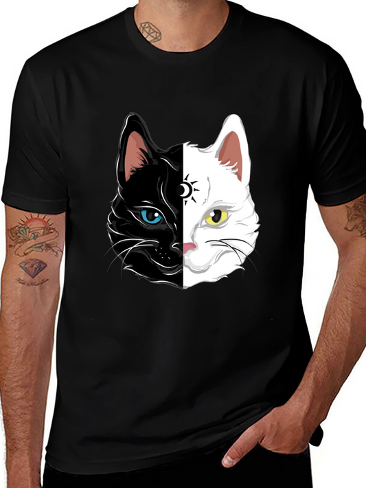 Yin Yang Cat Graphic Tee - Black Cotton Shirt