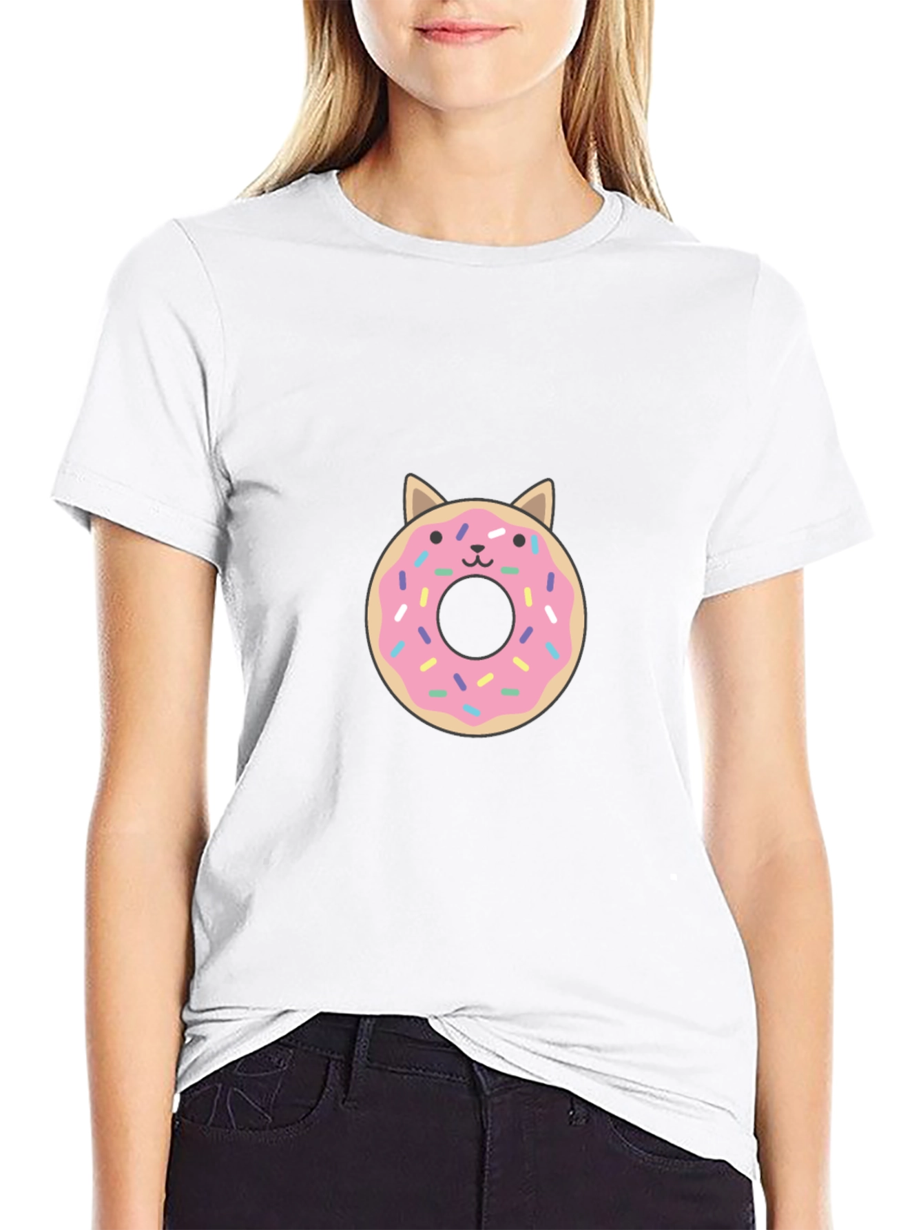 Cute Donut Cat Graphic Tee - Black T-Shirt
