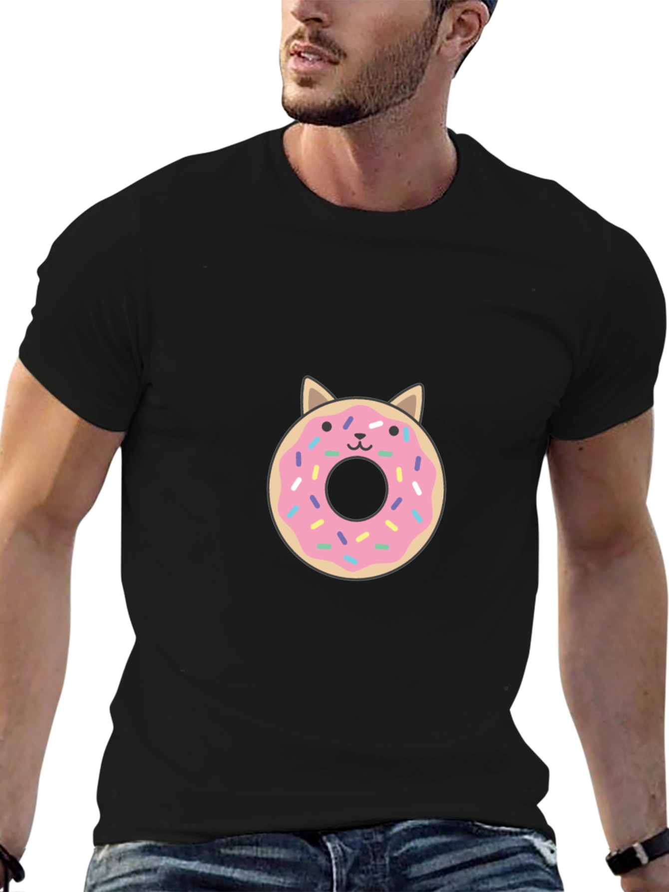 Cute Donut Cat Graphic Tee - Black T-Shirt
