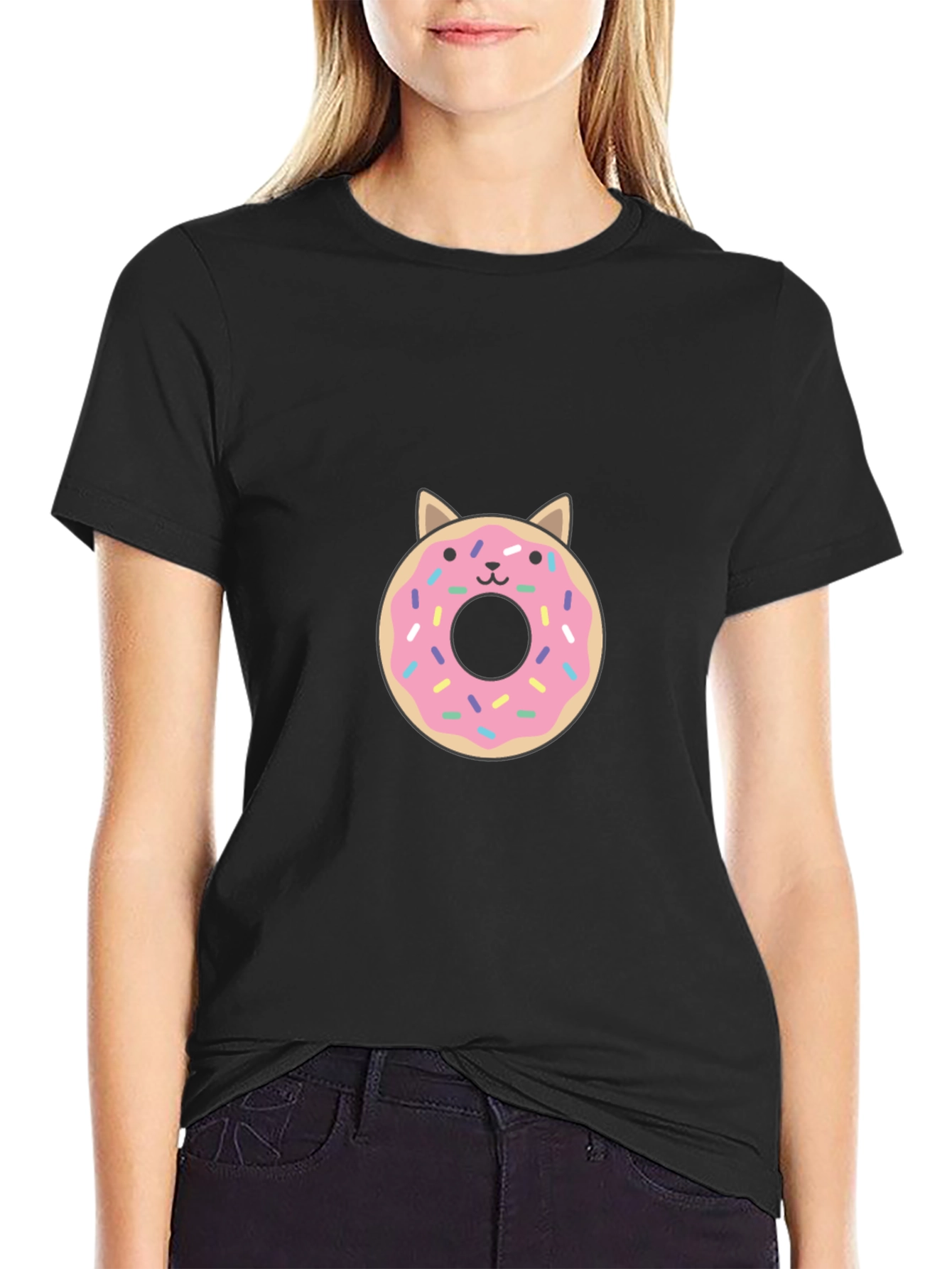 Cute Donut Cat Graphic Tee - Black T-Shirt