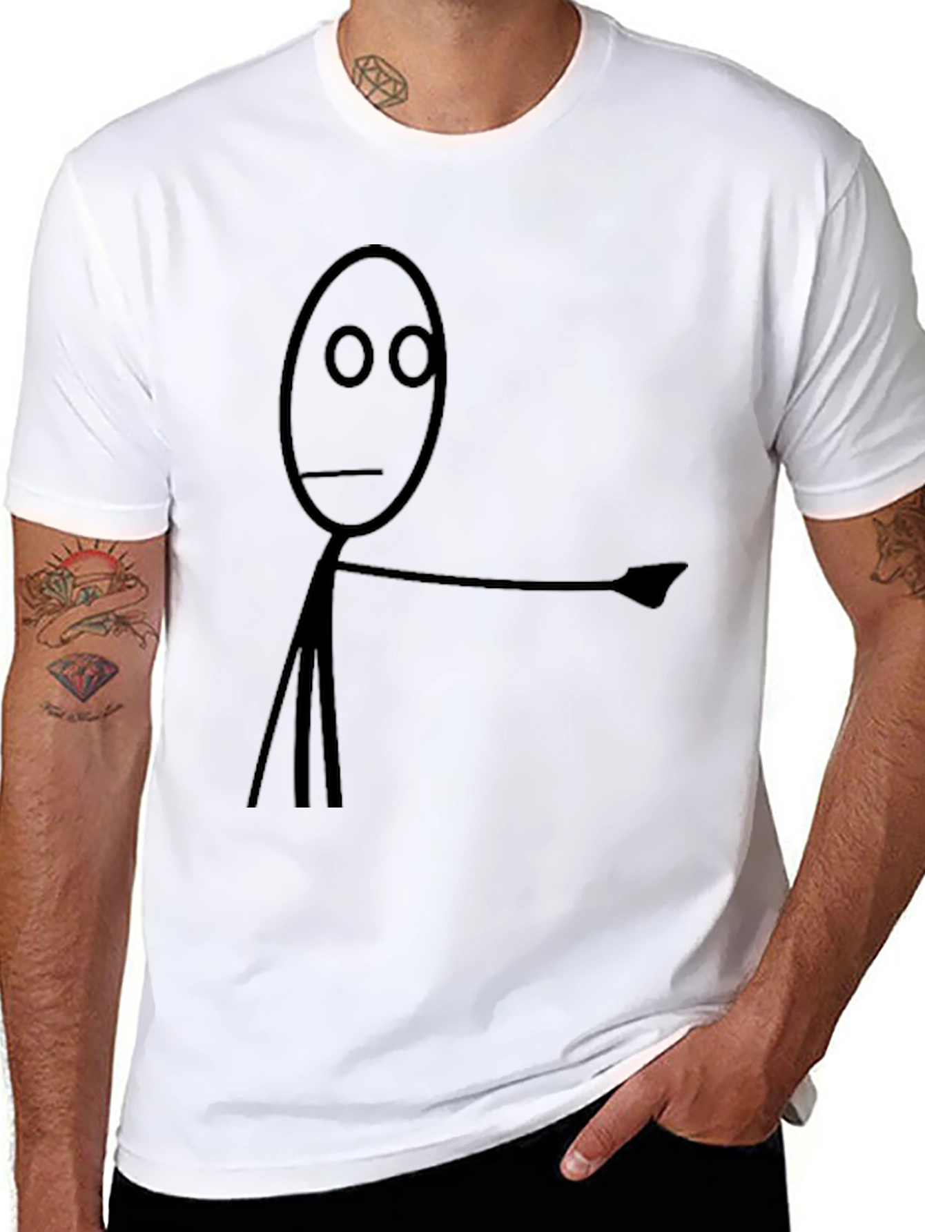 Humorous Stick Figure Pointing T-Shirt - Black