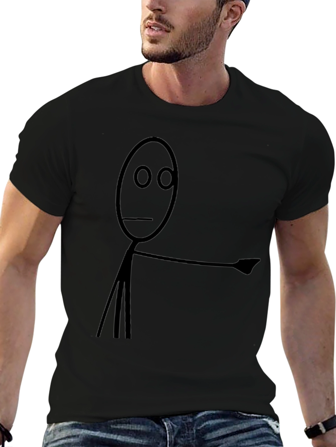 Humorous Stick Figure Pointing T-Shirt - Black