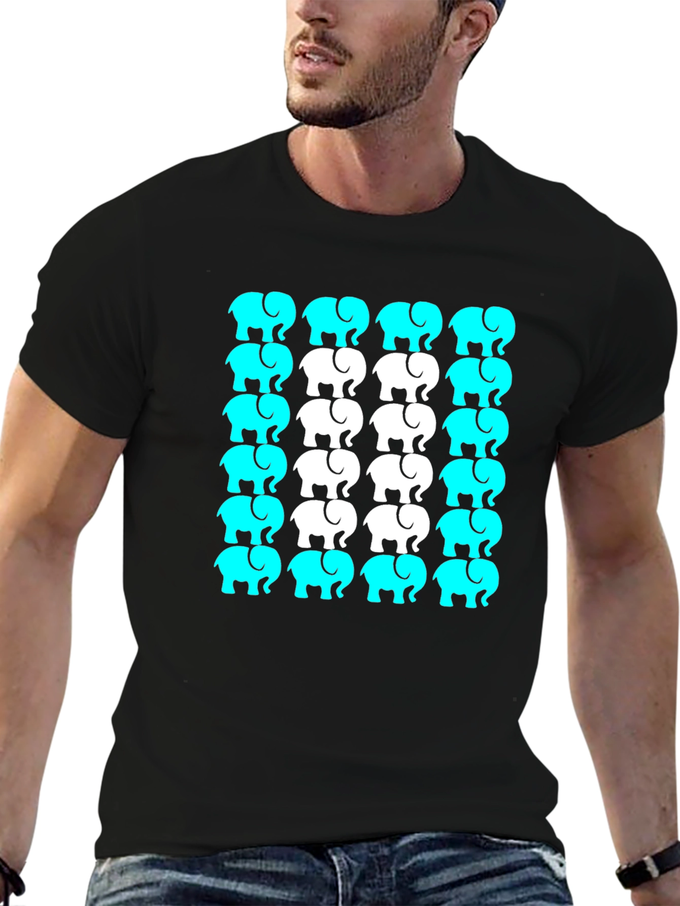 Elephant Print Crew Neck Tee - Black