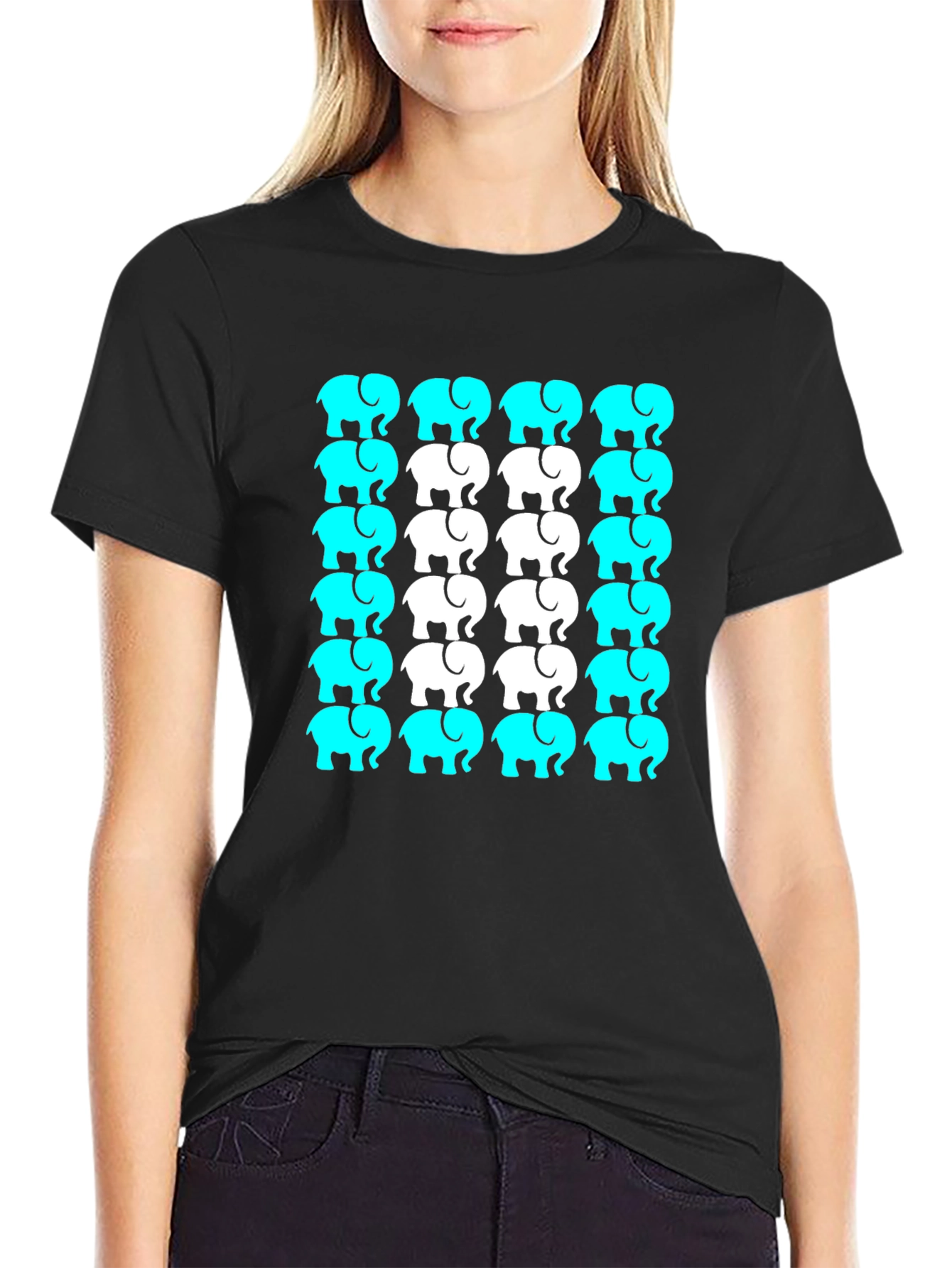 Elephant Print Crew Neck Tee - Black