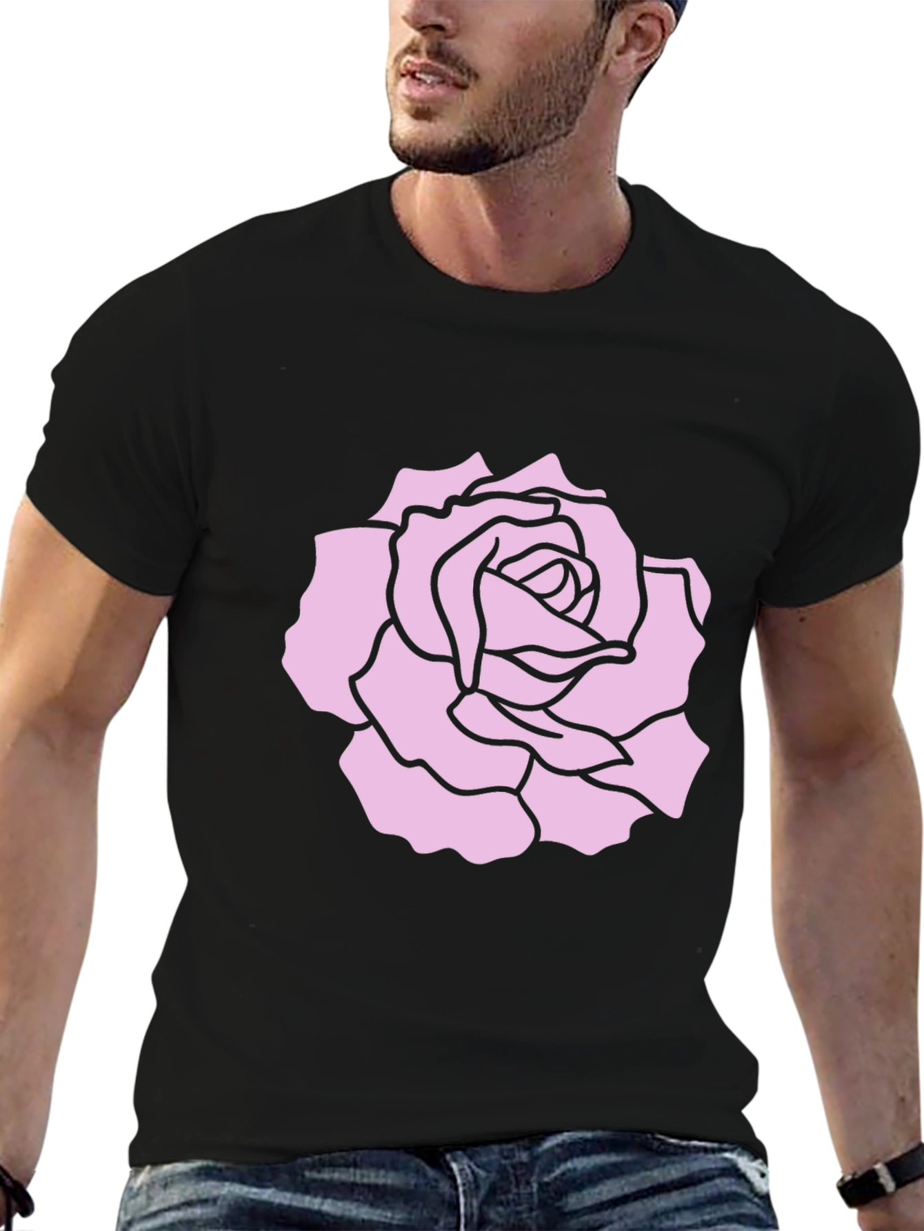 Black T-Shirt with Pink Rose Design