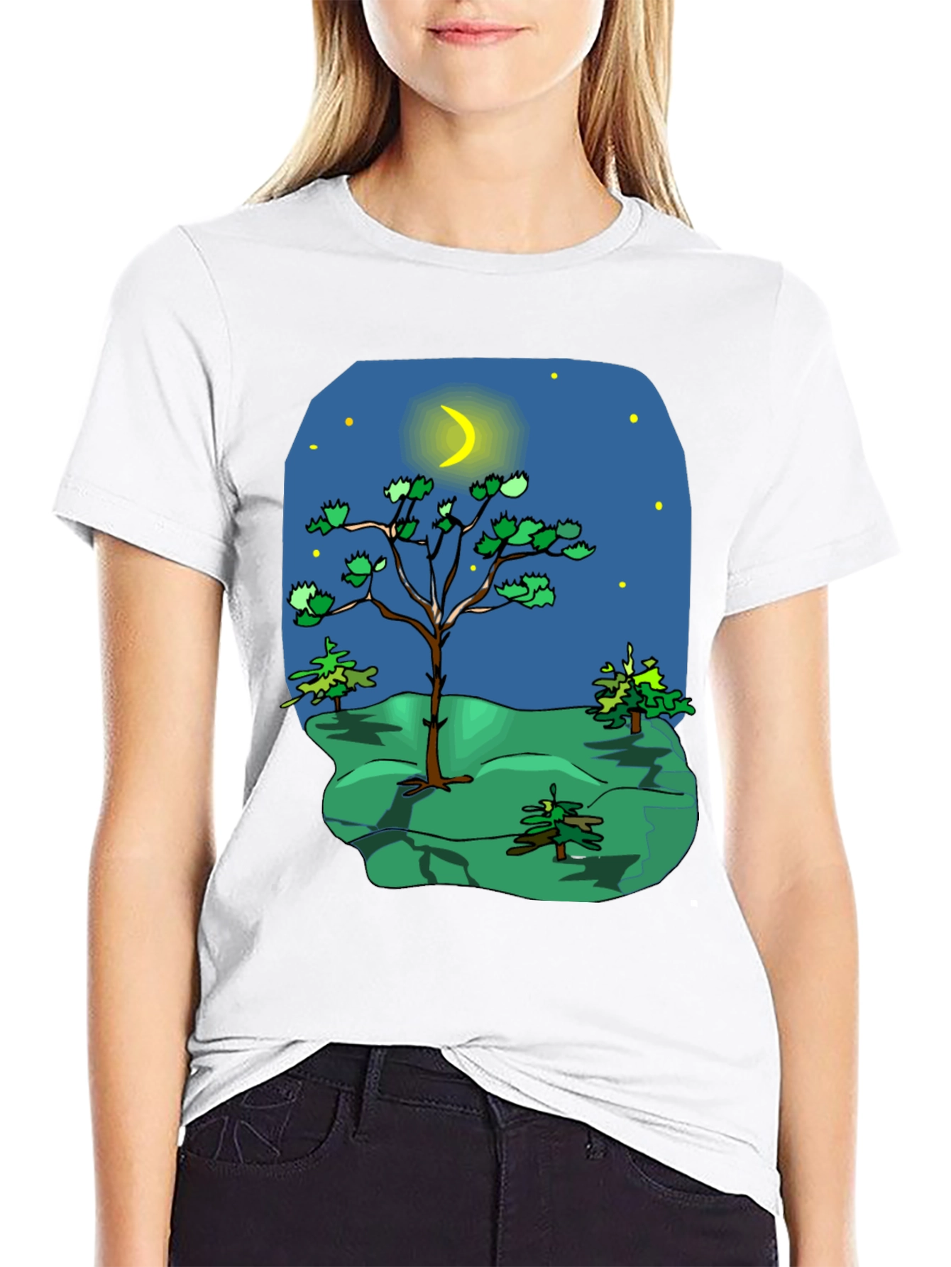 Cartoon Nature Scene Black T-Shirt